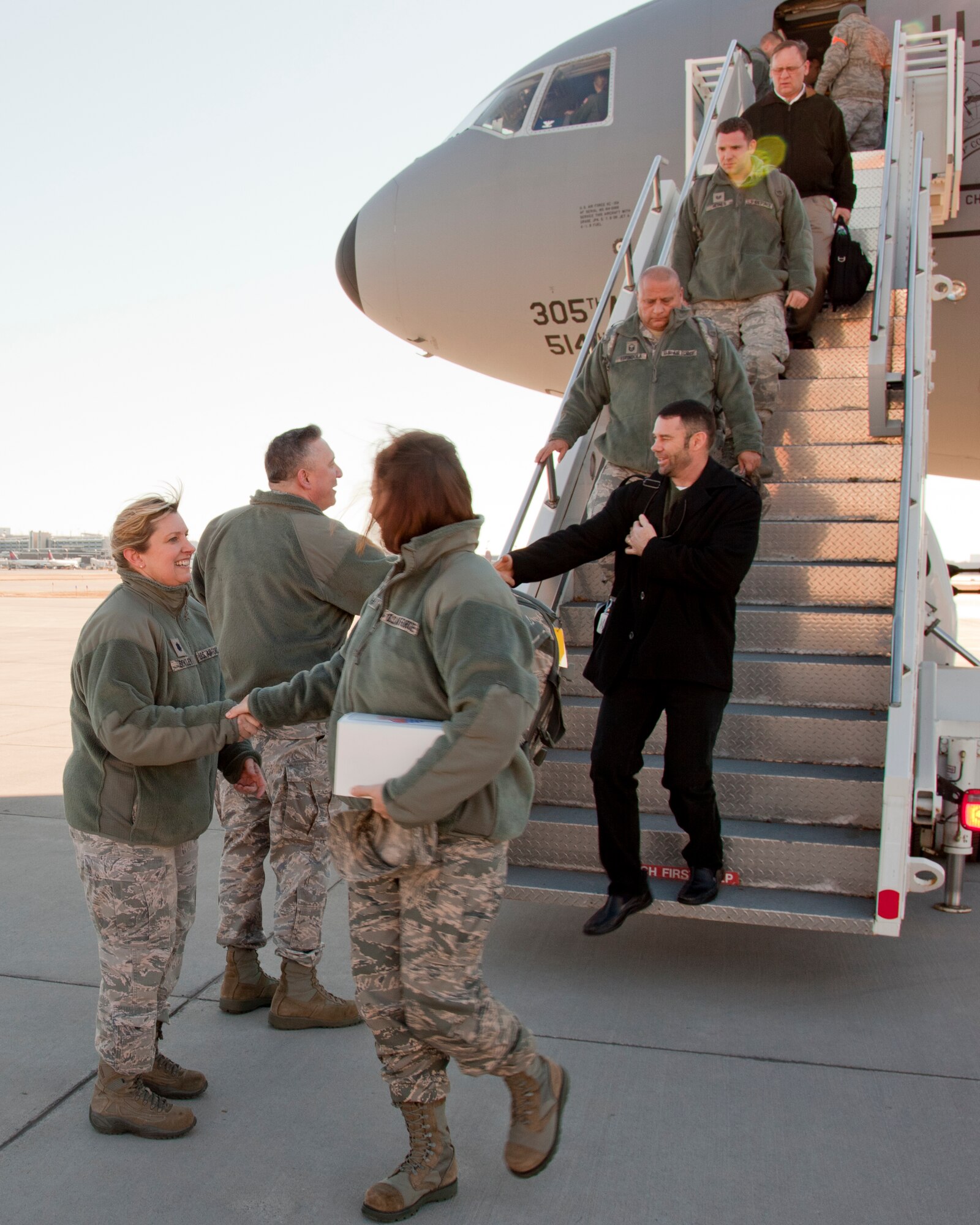 Col Darrell G. Young and Lt. Col. C.J. Bentley of the 934th Airlift Wing greet members of the 514th Air Mobility Wing and the 87th Air Base Wing from Joint Base McGuire-Dix-Lakehurst, N.J.  The leadership teams are visiting for initial meetings with their 934th AW counterparts in preparation for the 2013 ORI. (Air Force Photo/Shannon McKay)