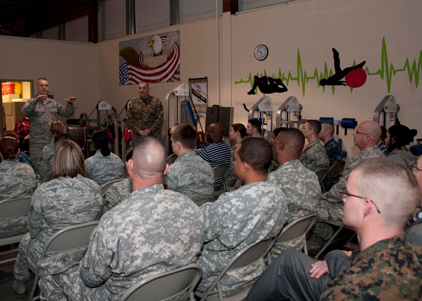 Chief Master Sgt. of the Air Force James A. Roy and Marine Sgt. Maj. Bryan Battaglia, senior enlisted advisor to the Chairman of the Joint Chiefs, conducted an enlisted all call with Soldiers, Sailors, Airmen and Marines supporting the mission at the Charles C. Carson Center for Mortuary Affairs, Dover Air Force Base, Del., Jan. 06, 2012. (U.S. Air Force photo/Staff Sgt. Agustin Salazar)
