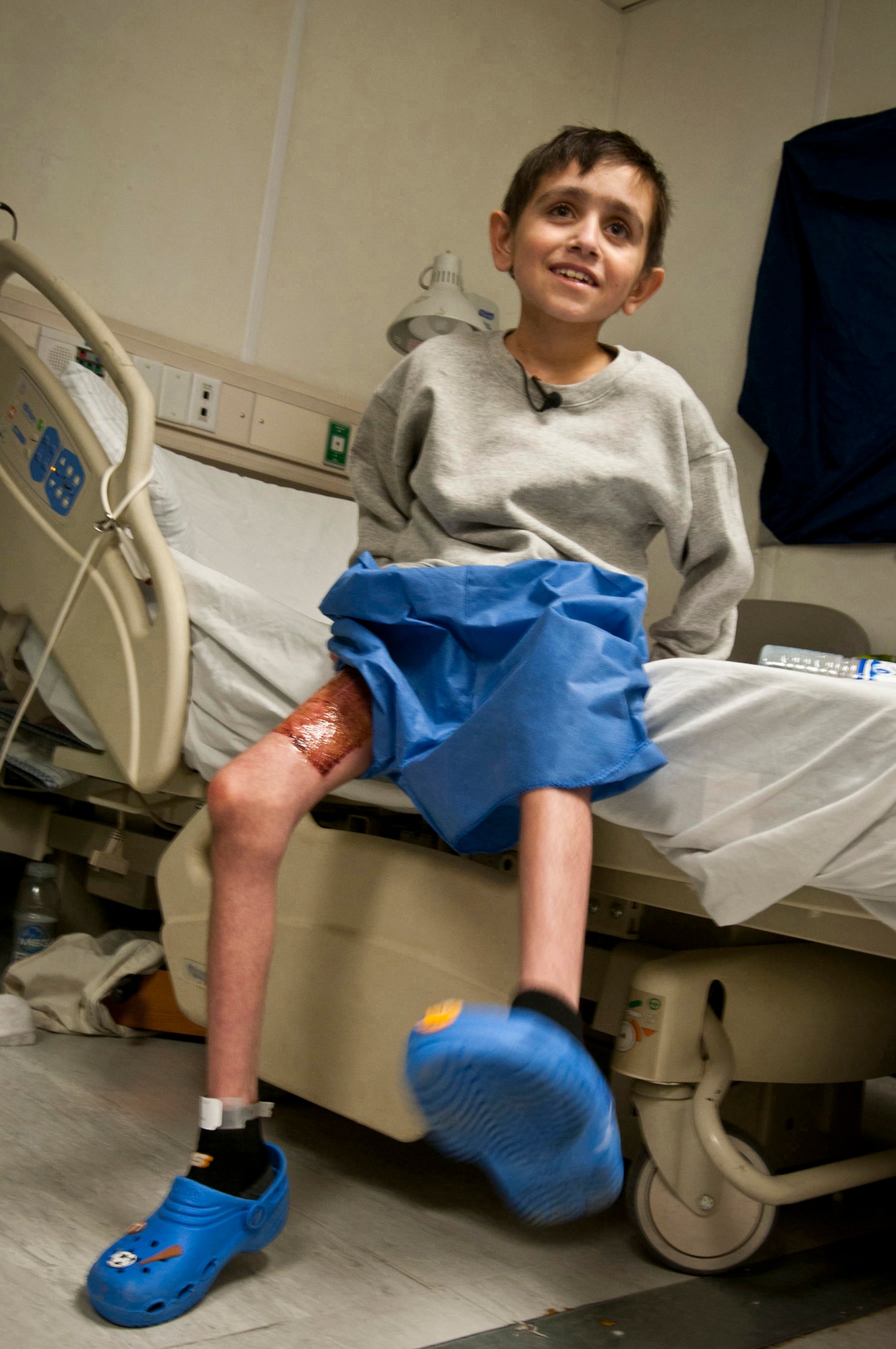 Najibullah, 10, talks to hospital staff and reporters from his bedside Jan. 1, 2012, his 164th day at the Craig Joint-Theater Hospital in Afghanistan. He was severely injured in the stomach July 20, in Ghazni province. (U.S. Army photo/Spc. Ken Scar)