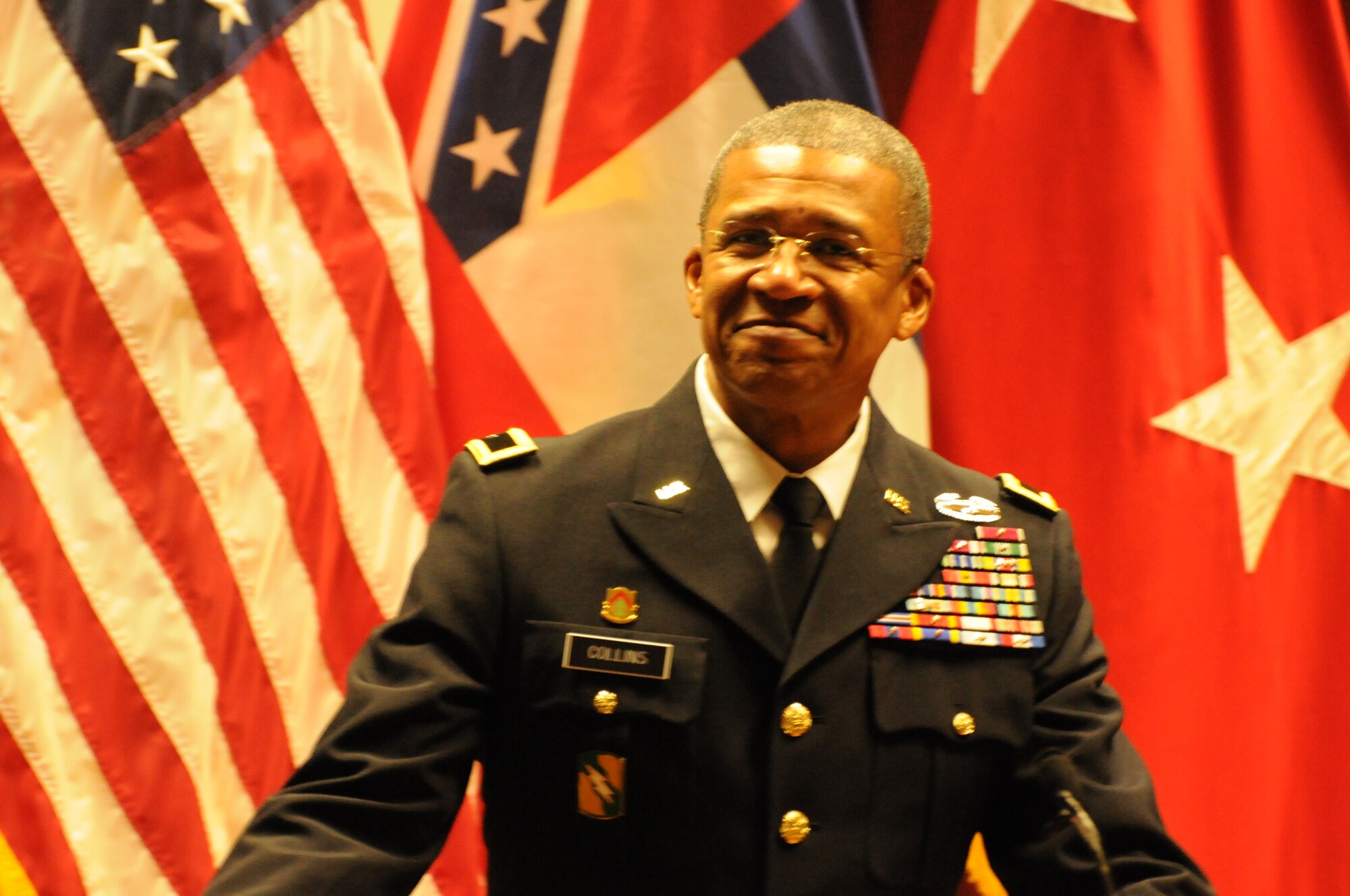 The Mississippi National Guard's new Adjutant General, Brig. Gen. Augustus L. Collins speaks to the crowd after being introduced by Governor Phil Bryant as the state's new military leader.  Collins has had numerous staff and command positions during his military career and commanded the State's 155th Brigade Combat Team during Operation Iraqi Freedom in 2005.  Collins took command of the state's Air and Army National Guard on January 11, 2012.