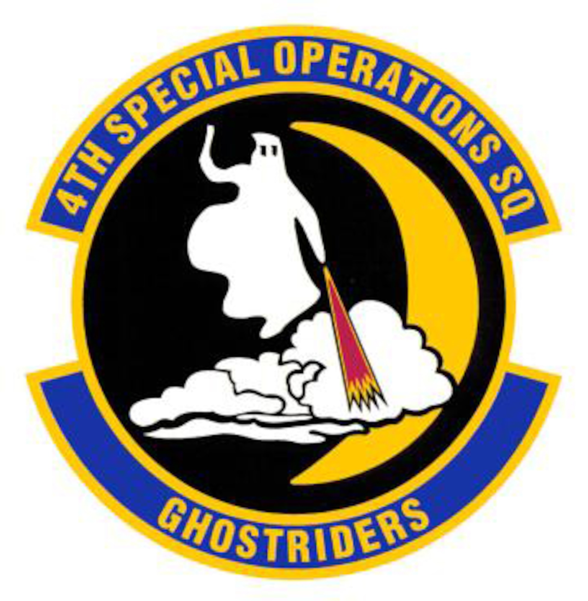 4th SOS Emblem Significance: Blue background represents the sky, the primary theater of Air Force operations. Yellow refers to the sun and the excellence required of Air Force personnel. The black disc with crescent suggests a night sky in which the unit is especially adapted to operate. The ghost specter reflects the unit's history and the aircraft named "Spooky." It further alludes to the squadron's ability to appear and disappear. The flames spewing from the ghost's arm denotes the firepower of the unit's aircraft from high altitude. (The ghost represented on the unit emblem was originally portrayed on nose art on the first gunship (AC-47). The AC-47 was universally called "Spooky" and inclusion of the "Spooky" ghost on the patch ties the AC-130U gunship to its original ancestor.)

