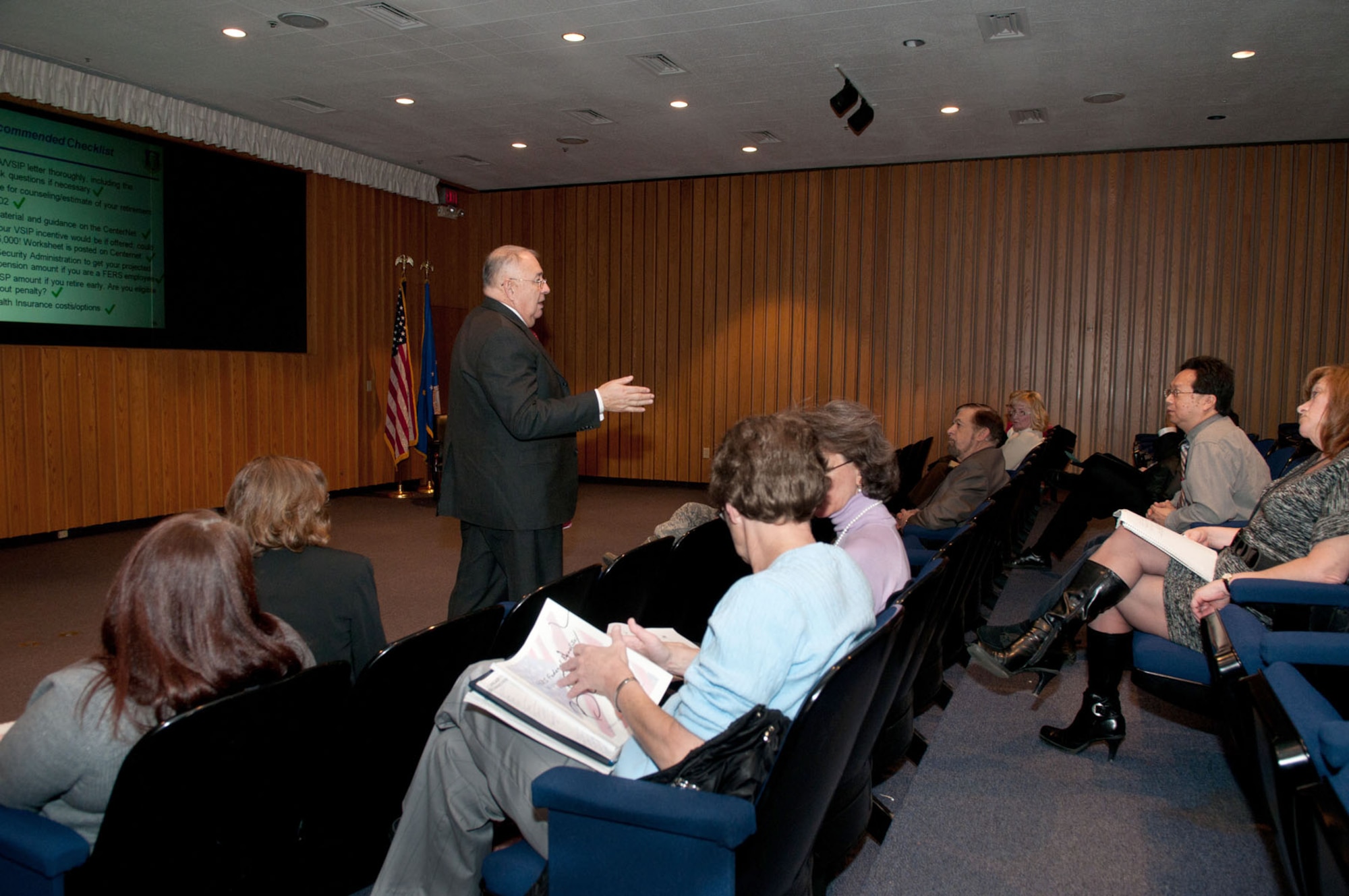 HANSCOM AIR FORCE BASE, Mass. – Luis Hernandez, Manpower and Personnel Directorate deputy director, speaks to attendees during a voluntary early retirement authority and voluntary separation incentive pay town hall meeting in the O’Neill Auditorium Jan. 11. The town hall was held to answer questions about the VERA/VSIP process. Earlier this week, Hanscom employees received VERA/VSIP letters and anyone interested in applying must do so by Jan. 20. (U.S. Air Force photo by Rick Berry)