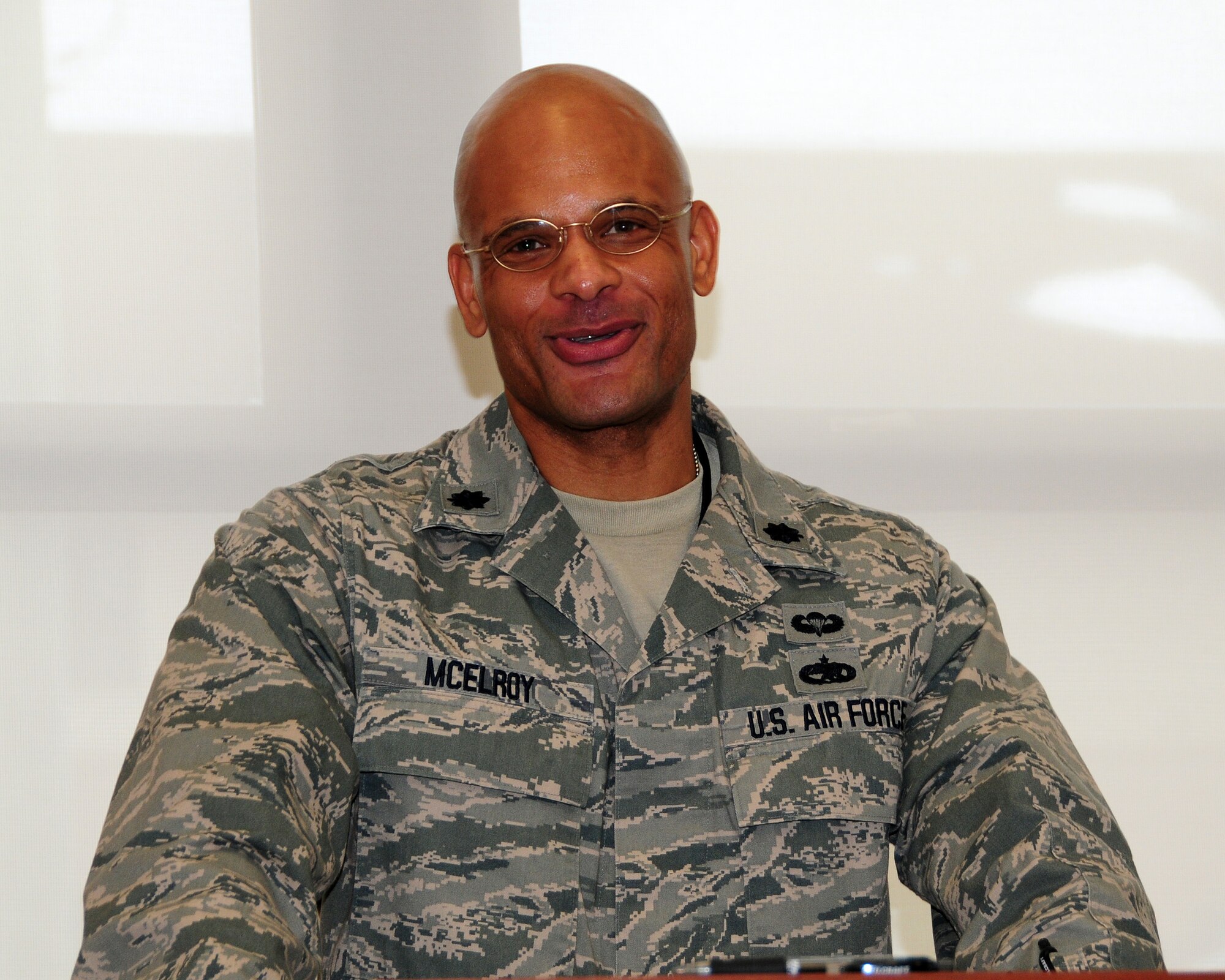 Lt. Col. Kelvin McElroy, 914th Maintenance Group commander, addresses a crowd during a farewell luncheon attended by many in McElroy's honor on January 5, 2012. McElroy has been the Maintenance Group commander since July of 2009. His new assignment will take him to Dover Air Force Base, Delaware. (U.S. Air Force photo by Peter Borys)