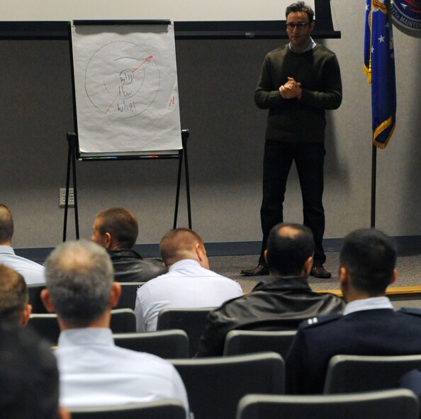 Simon Sinek, guest speaker, talks to the 317th Airlift Group, Jan. 9, 2012, at Dyess Air Force Base, Texas. Sinek is known for speaking with different leaders and organizations, including: Microsoft, Dell, and multiple government agencies and entrepreneurs about the concept of why; explaining why people are inspired by leaders, messages and organizations over others. (U.S. Air Force photo by Airman 1st Class Jonathan Stefanko/ Released))
