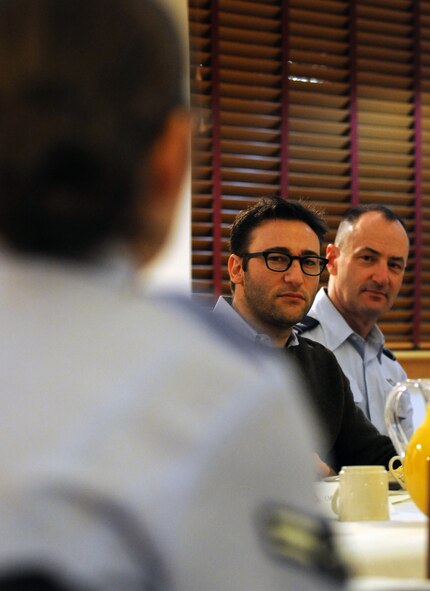 Simon Sinek, guest speaker, is asked a question during Airman’s Breakfast, Jan. 9, 2012, at Dyess Air Force Base, Texas. Sinek is known for speaking with different leaders and organizations, including: Microsoft, Dell, and multiple government agencies and entrepreneurs about the concept of why; explaining why people are inspired by leaders, messages and organizations over others.(U.S. Air Force photo by Airman 1st Class Jonathan Stefanko/ Released)