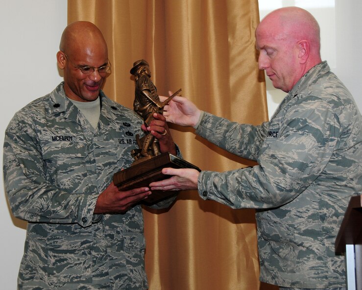 Lt. Col. Kelvin McElroy (left), 914th Maintenance Group commander, accepts an award from Lt. Col. Kevin Rogers, 107th Maintenance Group deputy commander, during a farewell luncheon attended by many in McElroy's honor on January 5, 2012. McElroy has been the Maintenance Group commander since July of 2009. His new assignment will take him to Dover Air Force Base, Delaware. (U.S. Air Force photo by Peter Borys)