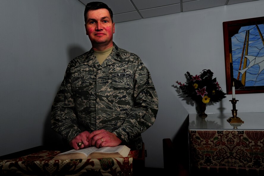 Lt. Col. John Painter stands in front of the chapel at the Ralph H. Johnson Veteran's Affairs Medical Center in Charleston, S.C., Jan 5, 2011. Painter, the 315th Airlift Wing chaplain has been an Air Force Reserve chaplain for 15 years and also works as a chaplain at the VA hospital. Military chaplains serve as everyday spiritual needs ministers and provide religious counseling to service members and their families. (U.S. Air Force photo/Staff Sgt. Nicole Mickle)