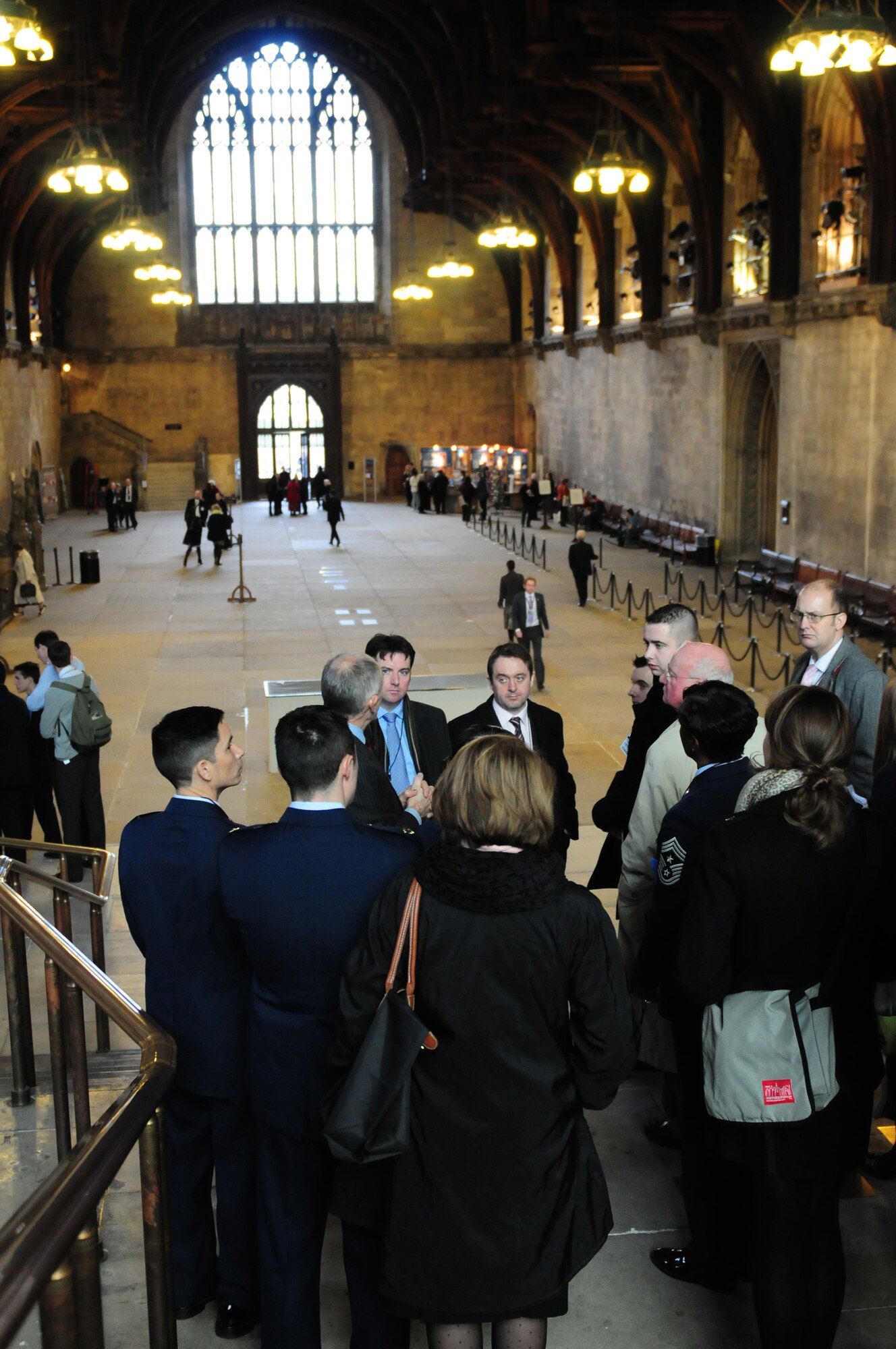 LONDON, England -- Col. John Quintas, 48th Fighter Wing commander, Chief Master Sgt. SaRita Lathan, 48th FW command chief, Maj. Chris Cunningham, 56th Rescue Squadron chief of rotary standardization and evaluation, and Staff Sgt. Samantha Webb, 48th Security Forces Squadron patrolman, tour Westminster Hall at the Houses of Parliament, Jan. 10, 2012. Liberty Wing personnel also met informally with Matthew Hancock, Member of Parliament for West Suffolk and Elizabeth Truss, MP for South West Norfolk, constituencies where RAFs Lakenheath, Mildenhall and Feltwell are located. (U.S. Air Force photo by Senior Airman Lausanne Morgan)