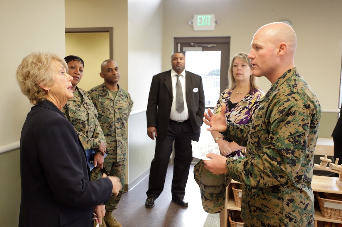 Sgt. Maj. Micheal P. Barrett, the 17th Sergeant Major of the Marine Corps, tours the Browne Child Development Center at Marine Corps Base Camp Pendleton, Calif., Jan. 11, 2012.