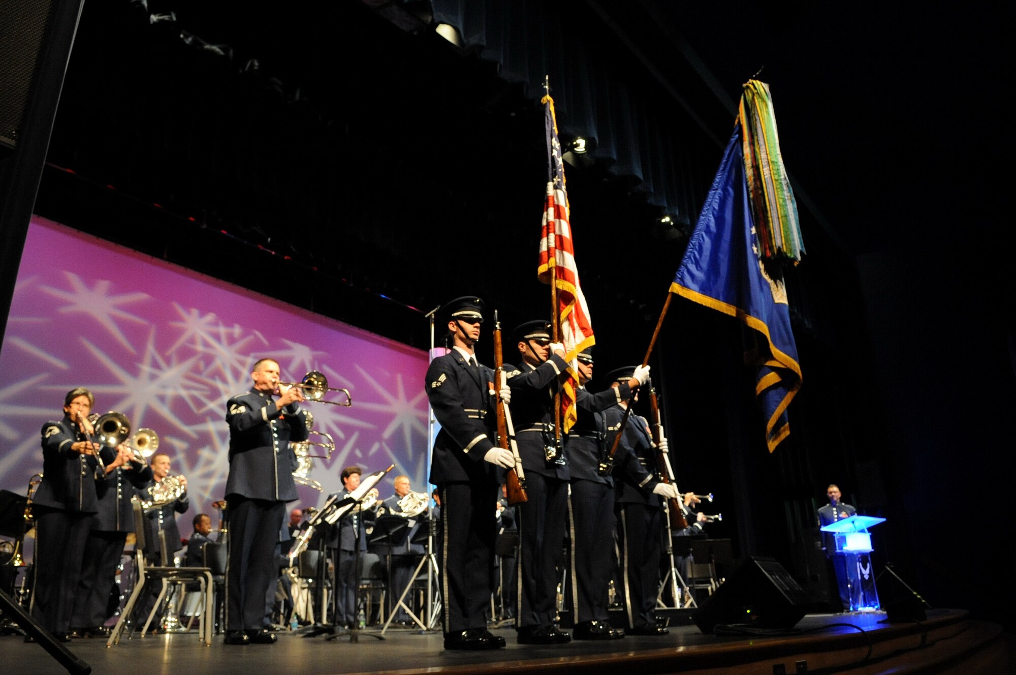 Members of the U.S. Air Force Honor Guard present the colors during a performance by the U.S. Air Force Band Ceremonial Brass Jan. 12, 2012, in Wesley Chapel, Fla.  The Ceremonial Brass is on their first American tour playing a dozen concerts in Florida.  U.S. Air Force photo by Master Sgt. Adam M. Stump/Released.