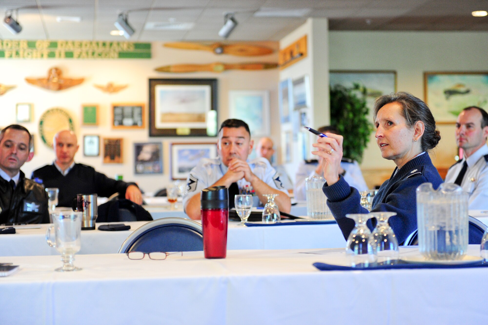 Lt. Col. Traci Kueker-Murphy, right, leads one of four break-out sessions during the 310th Space Wing off site conference that was held at the Air Force Academy's Falcon Club on Monday, Jan. 9. The purpose was for senior leadership to receive "State of the Union" style status of the 310th SW and establish wing goals for calendar year 2012. (U.S. Air Force photo/Tech. Sgt. Nicholas B. Ontiveros).