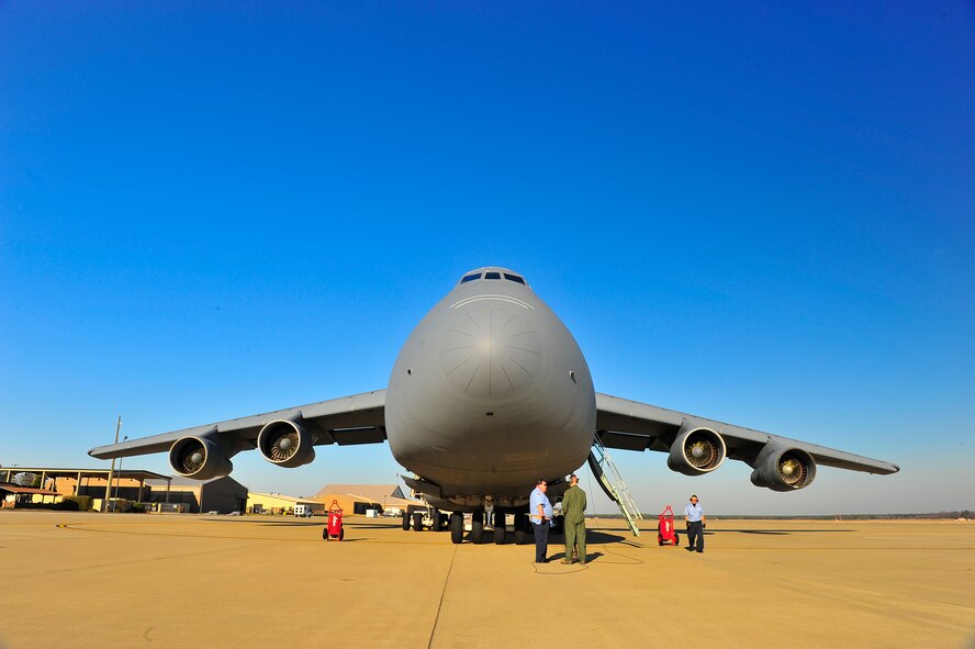An Air Force C-5 Galaxy aircraft is parked on the flightline, Jan. 6, 2012. Three C-5s landed at Shaw Air Force Base S.C., over a three-day period to pick up Airmen and supplies in support of a deployment tasking. (U.S. Air Force Photo by Senior Airman Neil D. Warner/Released)