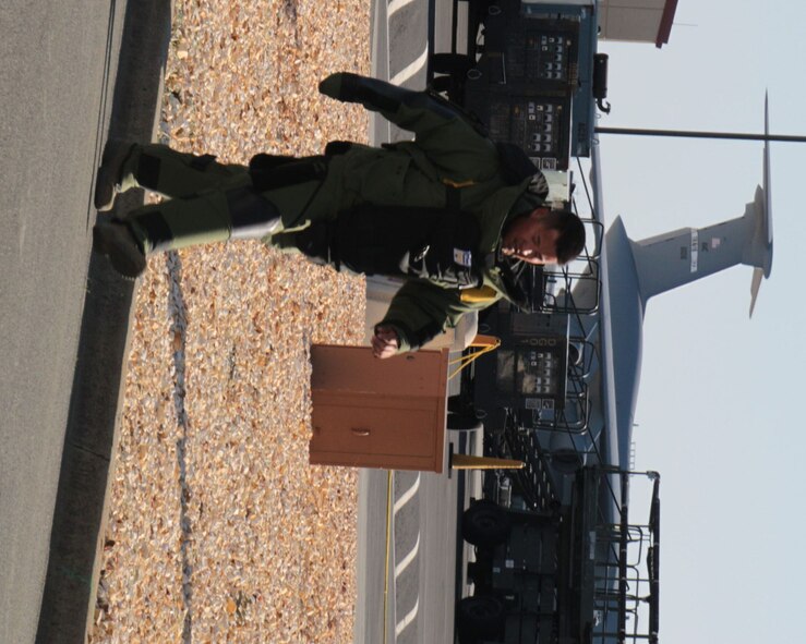 TRAVIS AIR FORCE BASE, Calif. -Staff Sgt. Toshiro Gibson, 349th Civil Engineer Squadron, along with other Travis Team members, came out and support the Wounded Warriors foundation recently during the 2011 Travis Bomb Suit Run sponsored by the 60th Civil Engineer Squadron. (U.S. Air Force photo/Anne Kohutanycz)