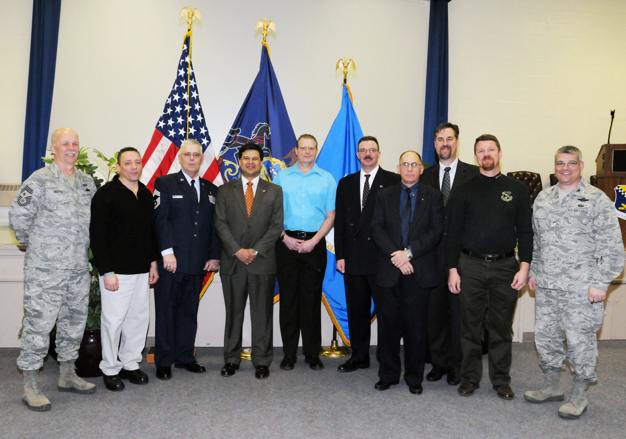 Members of the 111th Fighter Wing, Pa. Air National Guard, who retired in 2010, were recognized at an annual Retirement Ceremony held Mar. 5, 2011 in the Headquarters Auditorium, Building 203, Willow Grove Air Reserve Station, Pa. Shown (left to right) are: Command Chief Master Sgt. Richard Mertz (111th FW, Official Party), Chief Master Sgt. Dave Soldano (111th LRS, 26 years), Chief Master Sgt. Josek Hreczan (111th MDG, 40 years), Tech. Sgt. Juan Gonzalez, 111th AMXS, 24 years), Master Sgt. Joseph Bradfield (111th SFS, 25 years), Master Sgt. Paul Sparling (111th SFS, 24 years), Lt. Col. Thomas Doyle (111th FW, 33 years), Master Sgt. Michael Palmer (111th MXS, 31 years), Senior Master Sgt. Robert Walker (111th AMXS, 20 years), and Col. Tony Carrelli (111th FW Commander, Official Party).