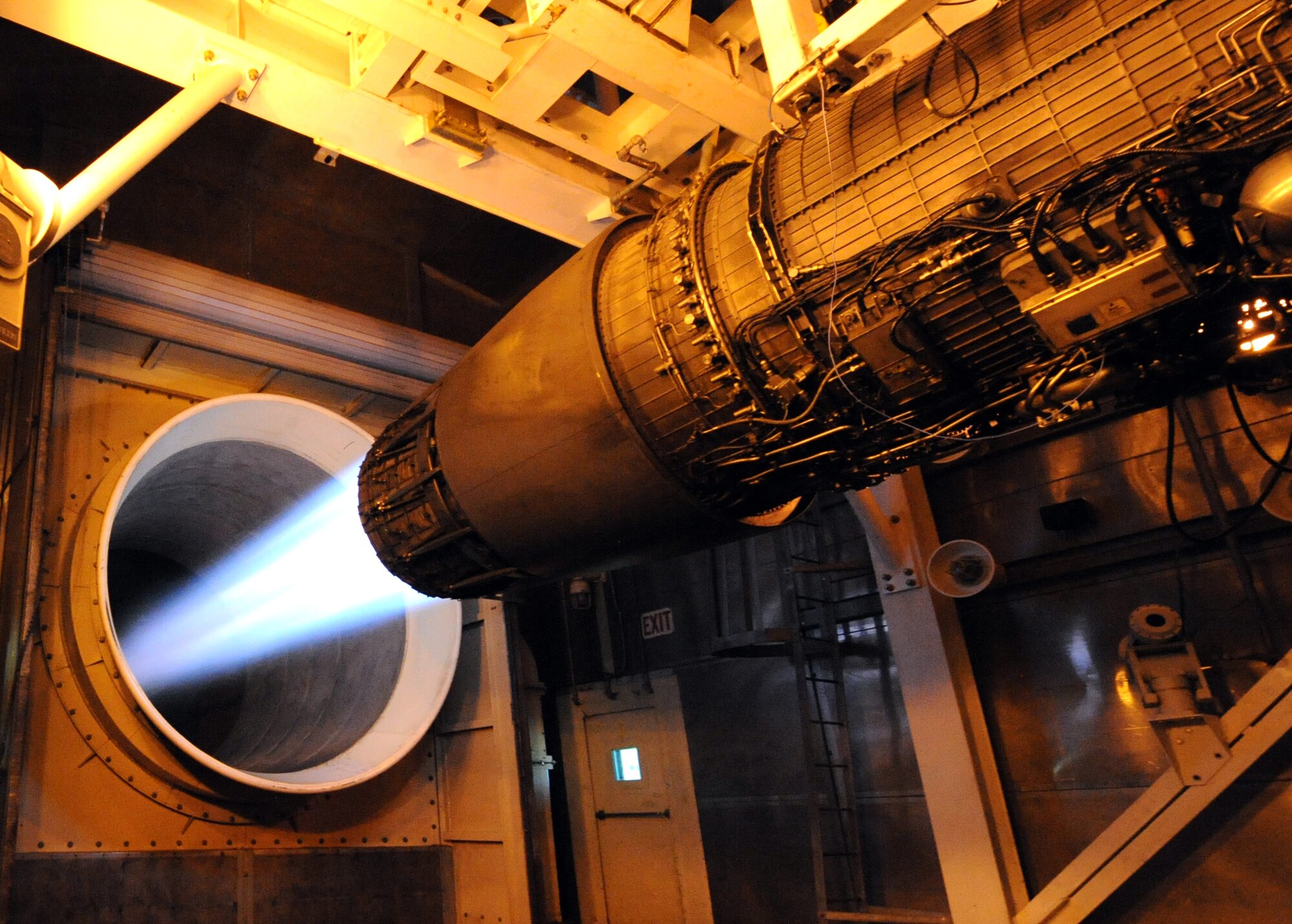 A General Electric F101 turbofan jet engine is tested, Jan. 11, 2011, at Dyess Air Force Base, Texas. Testing is done to ensure performance is up to standards before reattaching the engine onto a B-1 Bomber. (U.S. Air Force photo by Staff Sgt. Dustin Rucker/ Released)