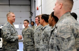 U.S. Air Force Maj. Gen Lawrence Wells, 9th Air Force commander, speaks to members of the 633rd Security Forces Squadron during a visit to Langley Air Force Base, Va., Jan. 10, 2012. Wells and his wife, Kathy, visited Joint Base Langley-Eustis Jan. 9 through 11, meeting with base personnel and learning about the evolution of one the military’s joint bases. (U.S. Air Force photo by Staff Sgt. Dana Hill/Released)