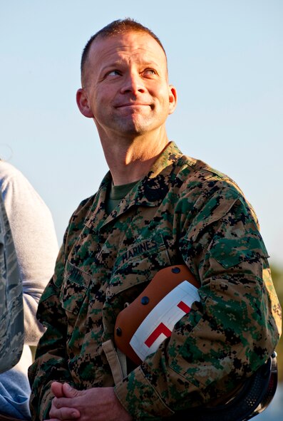 Gunnery Sgt. Matthew Smith, a maintainer with Marine Fighter Attack Squadron 501, recovered the first Marine variant F-35B Lightning II joint strike fighter to arrive at Eglin Air Force Base, Fla., Jan. 11.  (U.S. Air Force photo/Samuel King Jr.)