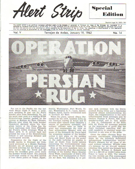 TORREJON AIR BASE, Spain – A newspaper cover printed fifty years ago highlights a crew of eight Airmen who embarked on a historic feat that took them half way across the globe and reaffirmed to the world America’s dominance in long-range aircraft strike capabilities. Piloting the newest model of long-range bombers, the B-52H Stratofortress, these crewmembers broke 11 non-stop distance and course-speed records, for its aircraft class and time, when they successfully completed a more than 21 hour non-refueled flight-- flying approximately 12,500 miles across the globe. Operation Persian Rug was the name given to the pivotal flight. (Courtesy photo) 
