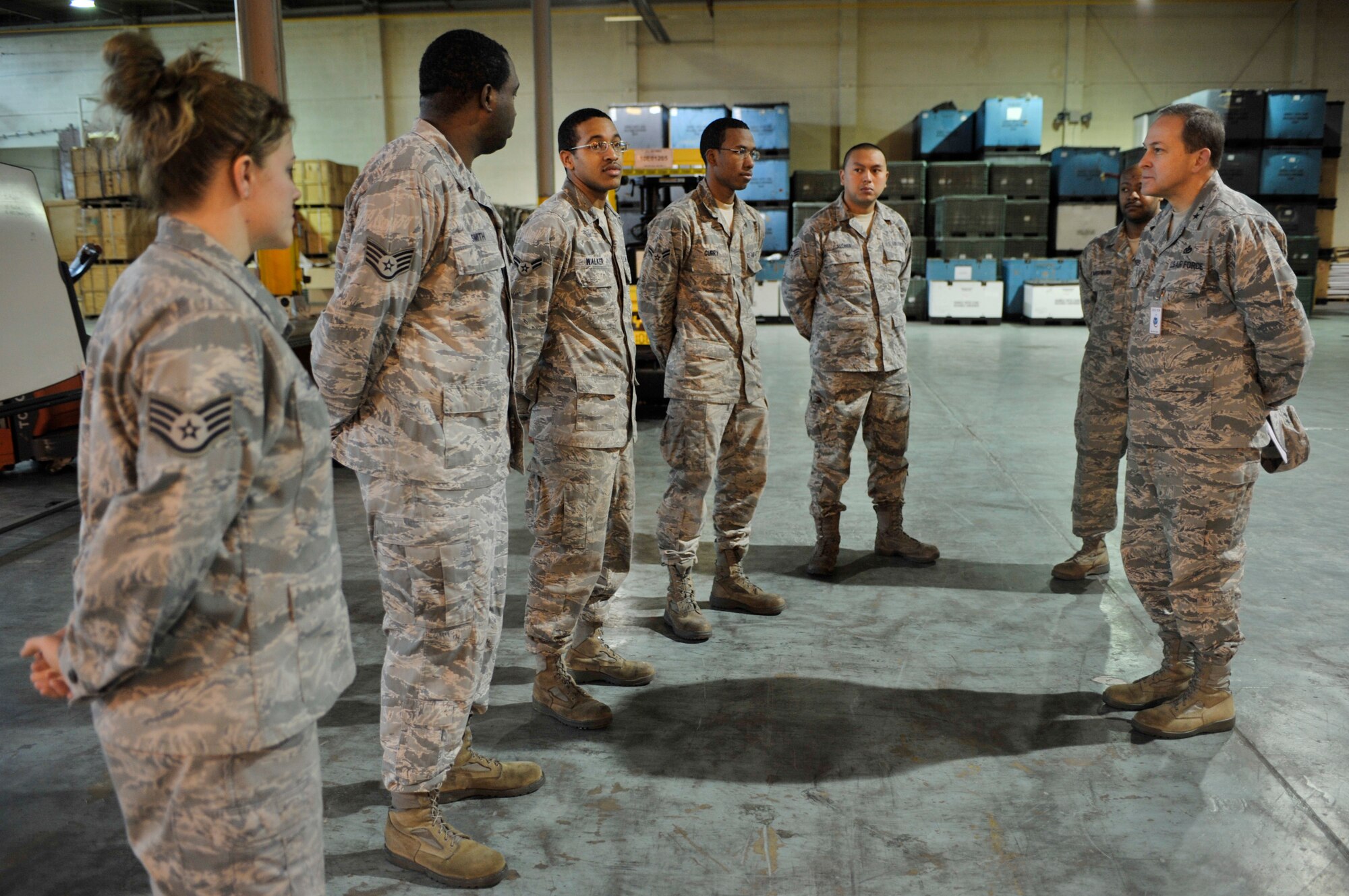 Maj. Gen. Timothy Byers, Installation Excellence Selection Board team leader, speaks to Airmen from the 2nd Logistics Readiness Squadron on Barksdale Air Force Base, La., Jan. 9. The Installation Excellence Award is an annual award that recognizes the outstanding efforts of people who operate and maintain Department of Defense installations, and effectively use their resources to support the mission. Barksdale is a finalist for the award, and if selected will receive $1 million for quality-of-life improvements. (U.S. Air Force photo/Senior Airman Chad Warren)(RELEASED)
