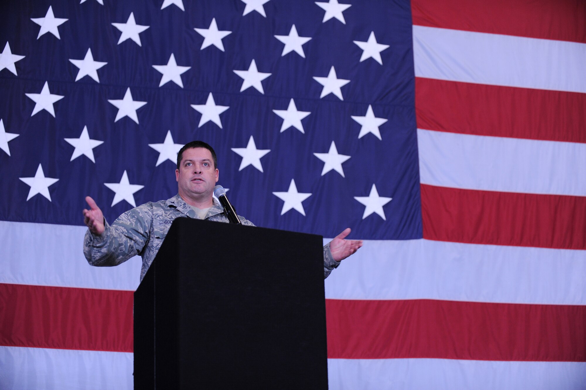 U.S. Air Force Col. Don Godier, 20th Fighter Wing vice commander, gives his closing remarks at the Martin Luther King Jr. Luncheon at Shaw Air Force Base, S.C., Jan. 13, 2011. The luncheon is an annual event held to celebrate and remember King and the impact he had on the United States of America. (U.S. Air Force photo by Airman 1st Class Hunter Brady/Released)