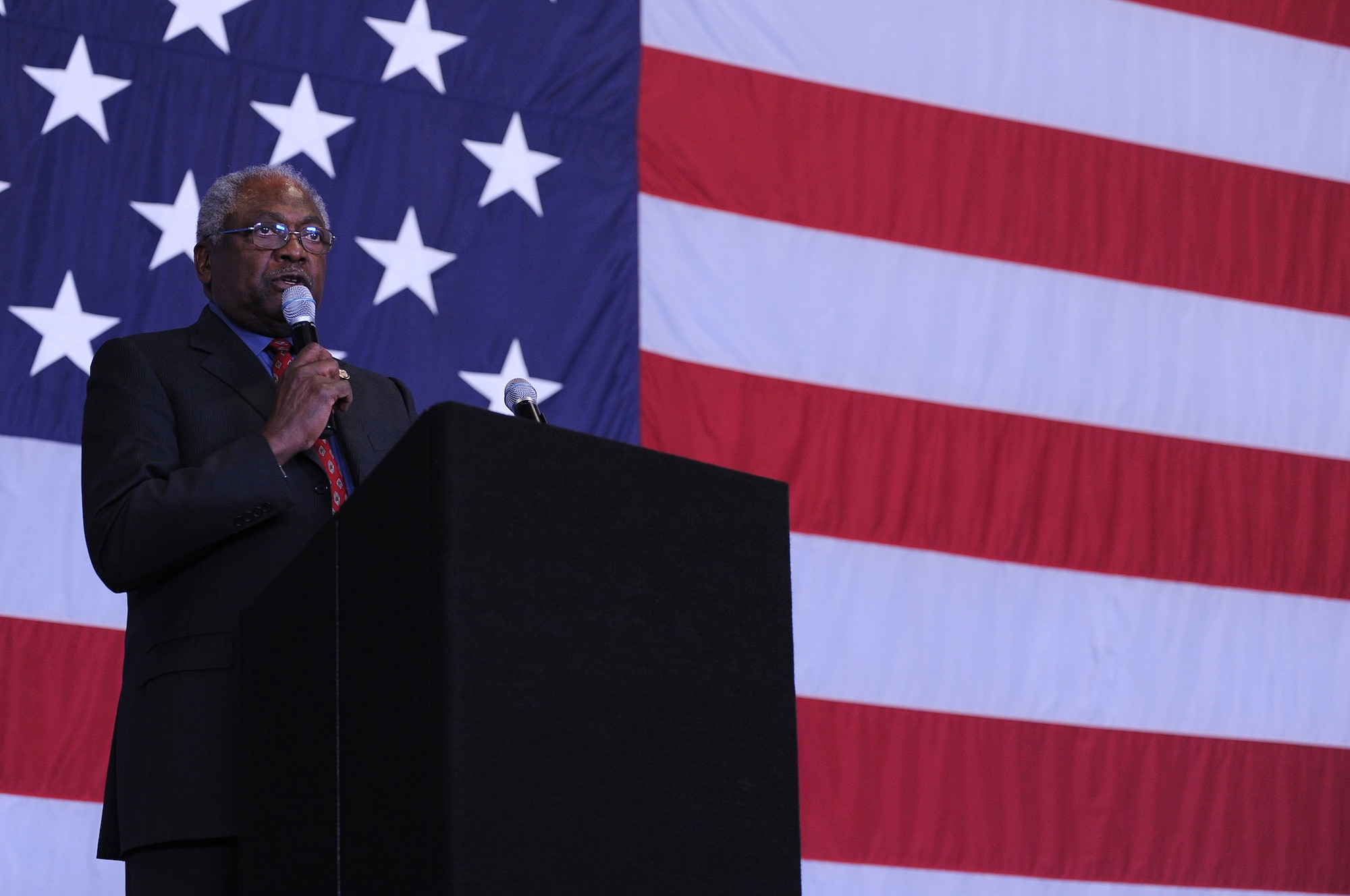 Congressman James E. Clyburn speaks to Team Shaw about his interactions with Martin Luther King Jr. and life experiences at the MLK Luncheon at Shaw Air Force Base, S.C., Jan. 13, 2011. The luncheon is an annual event held to celebrate and remember King, and the impact he had on the United States of America. (U.S. Air Force photo by Airman 1st Class Hunter Brady/Released)