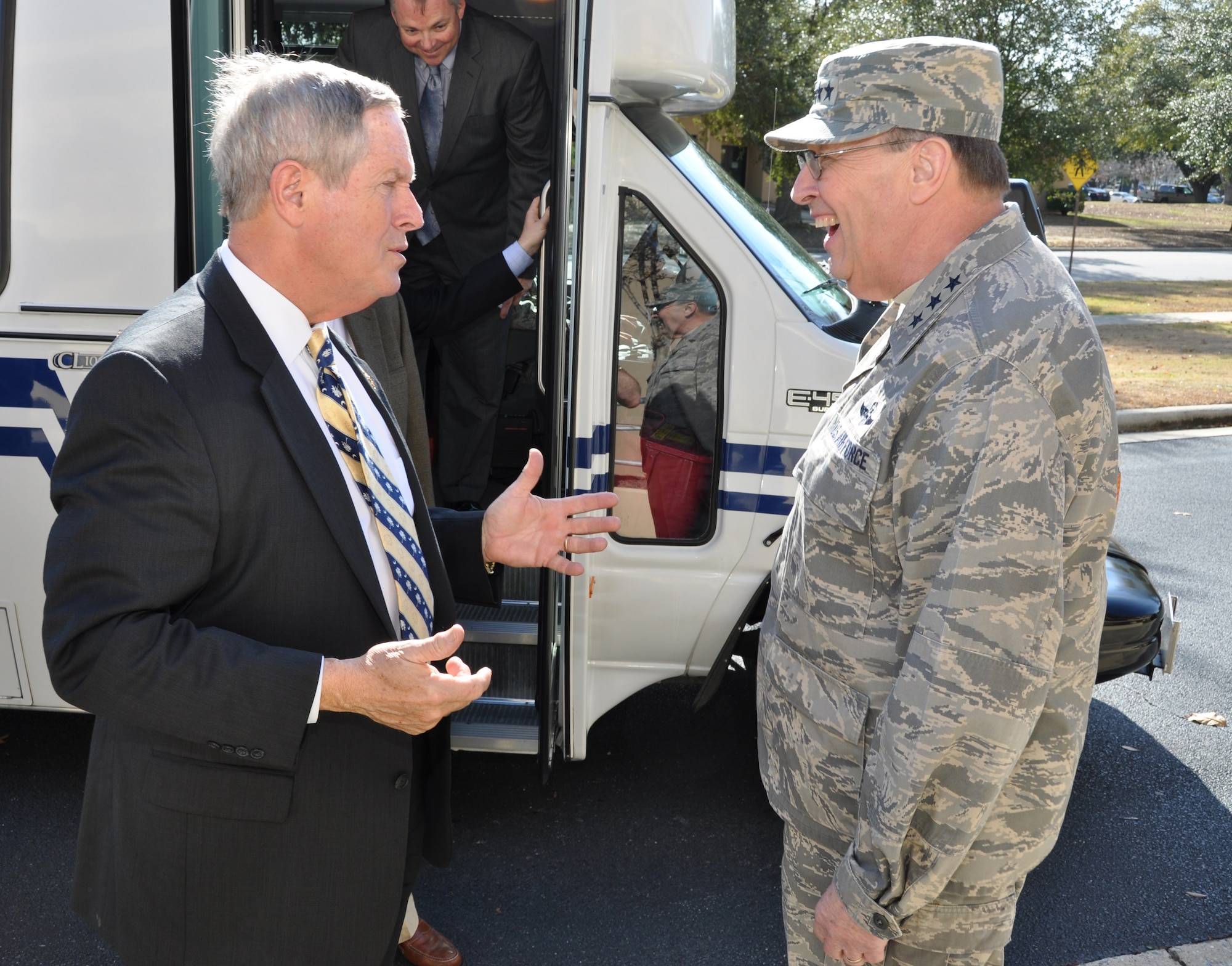 Lt. Gen. Charles E. Stenner Jr. commander of Air Force Reserve Command, welcomes U.S. Rep. Joe Wilson in front of the AFRC headquarters at Robins Air Force Base, Ga., Jan. 12, 2012. Wilson represents South Carolina’s 2nd Congressional District and is a member of the House Armed Services Committee. He visited the headquarters to discuss the AFRC Force Generation Center, last year’s operational accomplishments and the priorities for fiscal 2013. (U.S. Air Force photo/Peter Chadwick)