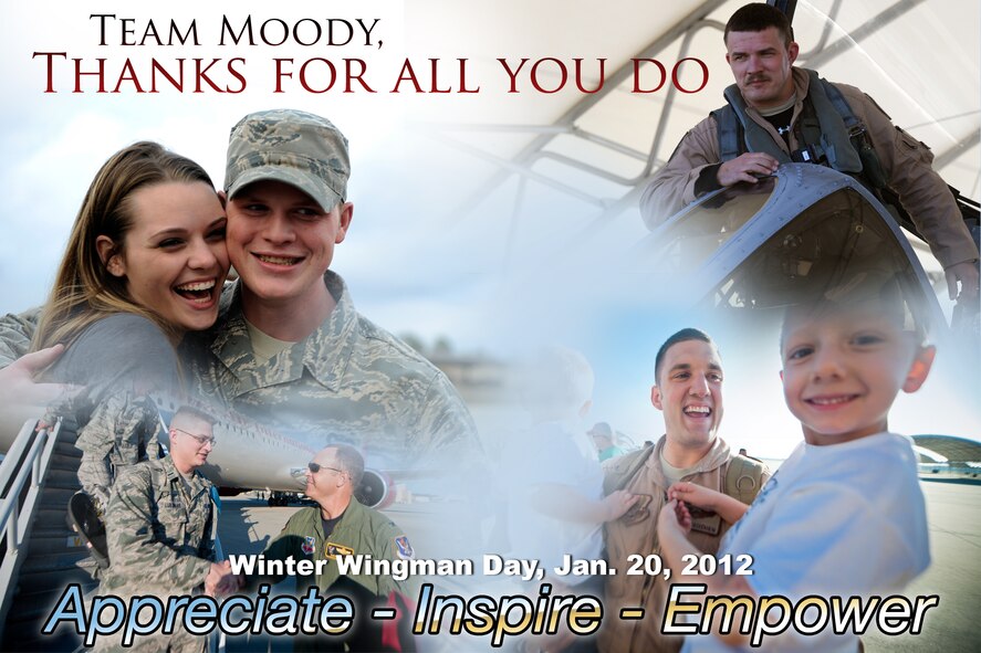 Moody Air Force Base, Ga., is scheduled to hold Winter Wingman Day, Jan. 20, 2012. The 23rd Wing and the 93rd Air Ground Operations Wing will use the day to reinforce the Wingman concept, build resilient Airman and focus on health, mission performance and unit cohesion. (U.S. Air Force illustration by Airman 1st Class Olivia Dominique/Released) 