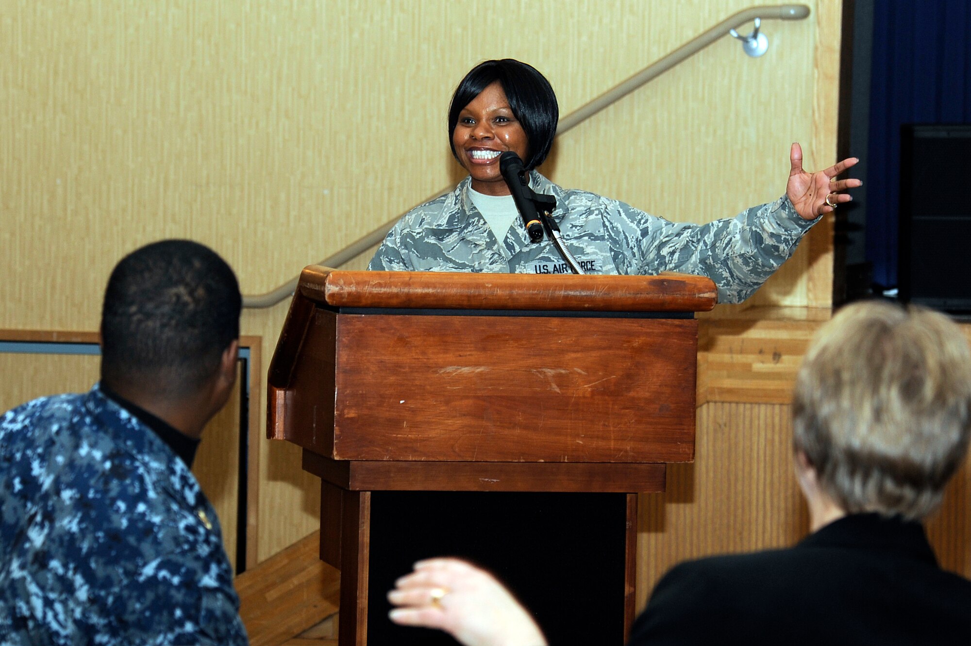 MISAWA AIR BASE, Japan - Chief Master Sgt. Felica Noil, 35th Maintenance Squadron first sergeant, gives closing remarks during the annual Martin Luther King Jr. luncheon held at the collocated club here, Jan. 12. The Martin Luther King Jr. holiday is celebrated at U.S. military installations and is observed by local groups in more than 100 nations. (U.S. Air Force photo/Tech. Sgt. Marie Brown)
