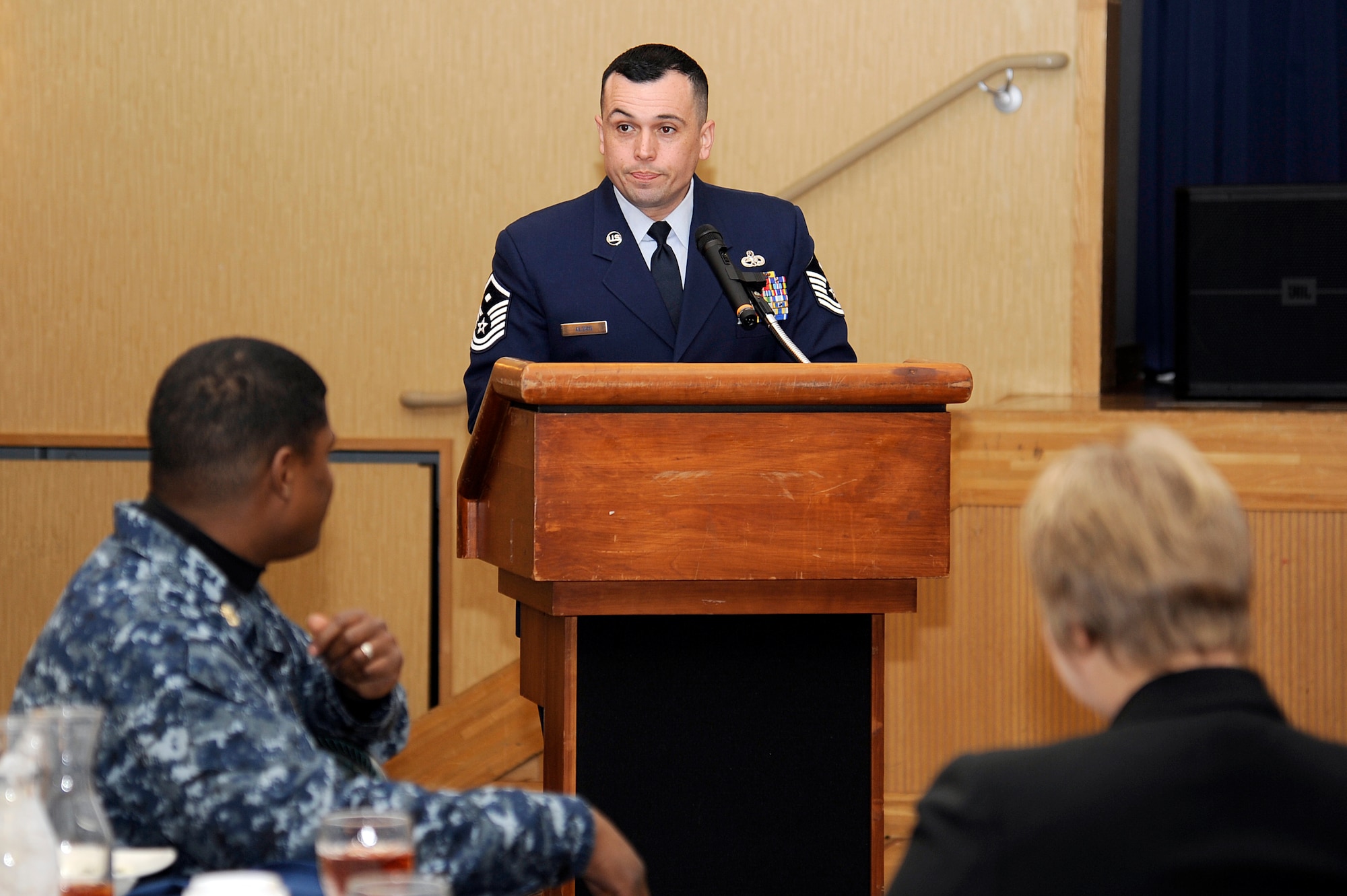 MISAWA AIR BASE, Japan - Master Sgt. John Alsvig, 35th Operations Group first sergeant, tells a childhood story during the annual Martin Luther King Jr. luncheon held at the collocated club here, Jan. 12. The holiday celebrates the life and achievements of Martin Luther King Jr. and encourages people everywhere to reflect on the principles of nonviolent social change and racial equality. (U.S. Air Force photo/Tech. Sgt. Marie Brown)
