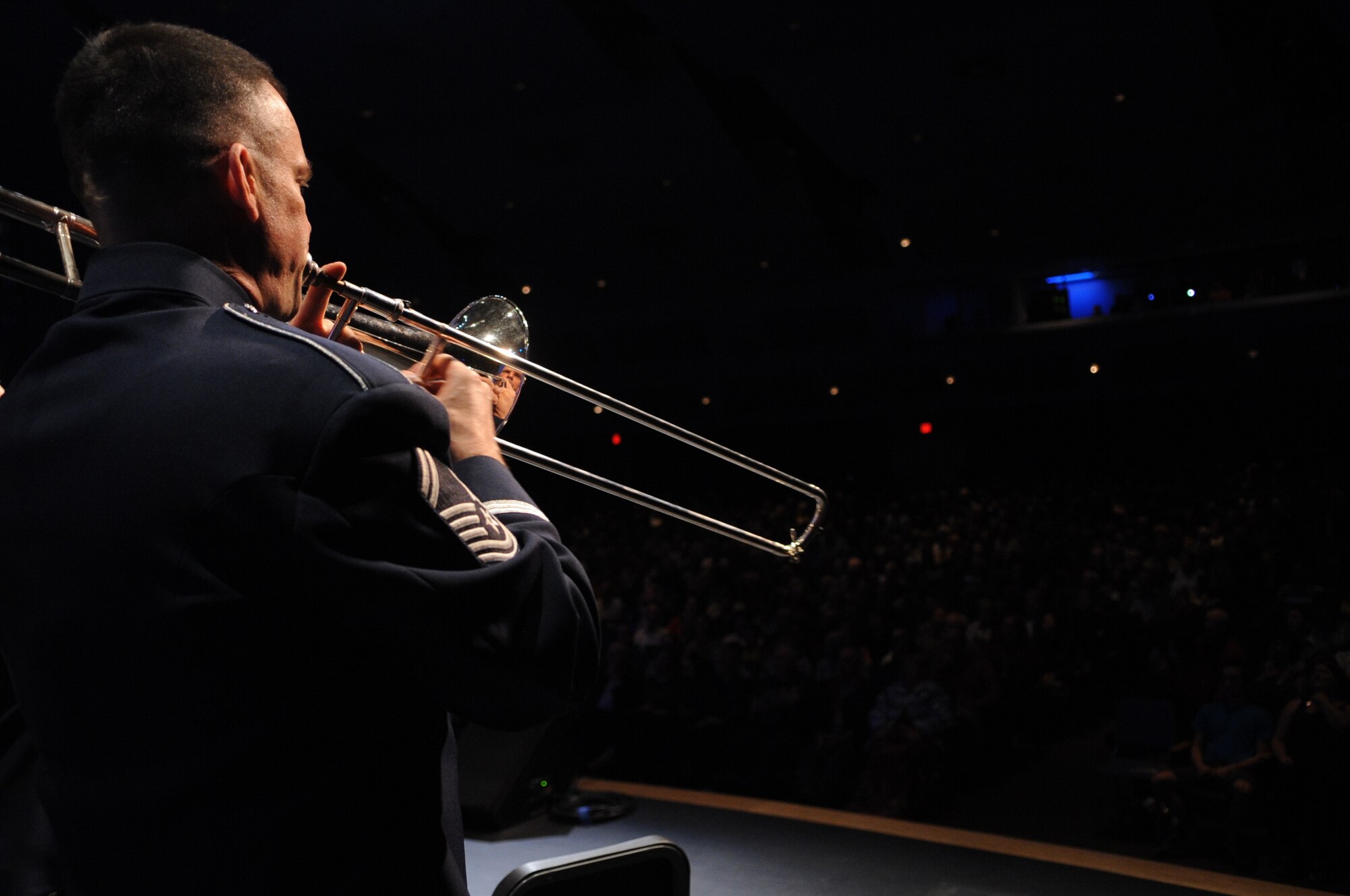 U.S. Air Force Senior Master Sgt. Joe Jackson, a trombone player from Dallas, Texas, plays during a performance by the U.S. Air Force Band Ceremonial Brass Jan. 12, 2012, in Wesley Chapel, Fla.  The Ceremonial Brass is on their first American tour playing a dozen concerts in Florida.  U.S. Air Force photo by Master Sgt. Adam M. Stump/Released.