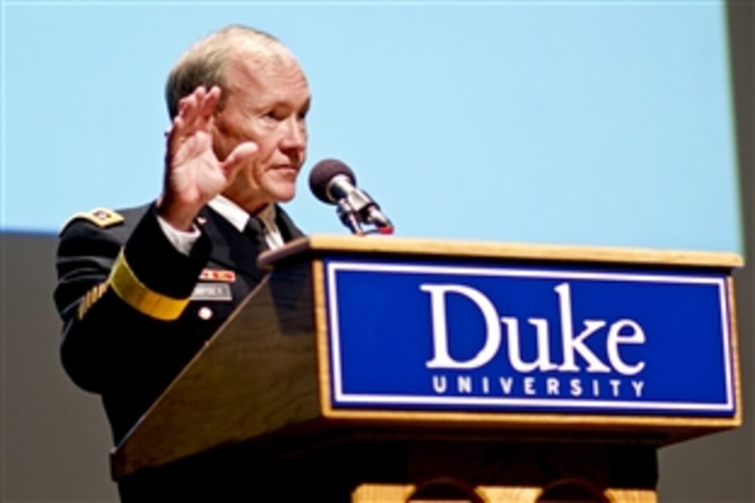 Army Gen. Martin E. Dempsey, chairman of the Joint Chiefs of Staff, addresses the audience as a keynote speaker during the Ambassador S. Davis Phillips Family International Lecture series at Duke University in Durham, N.C., Jan. 12, 2012.