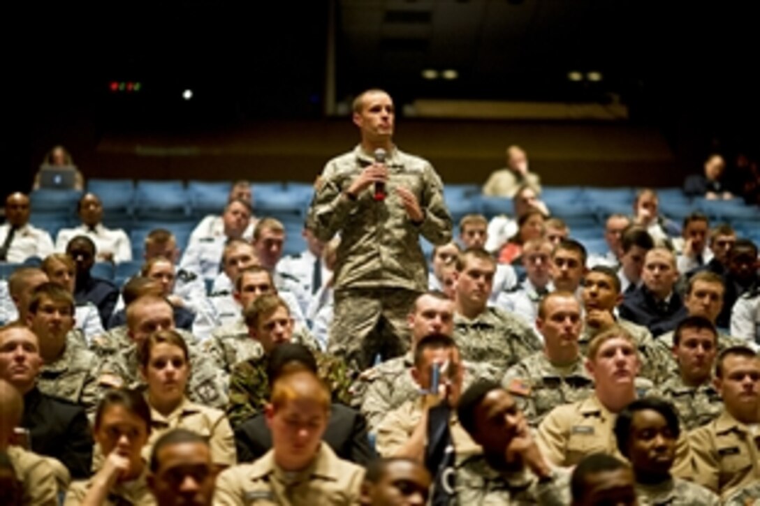 An Army ROTC cadet asks Army Gen. Martin E. Dempsey, chairman of the Joint Chiefs of Staff, a question during a town hall at Duke University in Durham, N.C., Jan. 12, 2012.