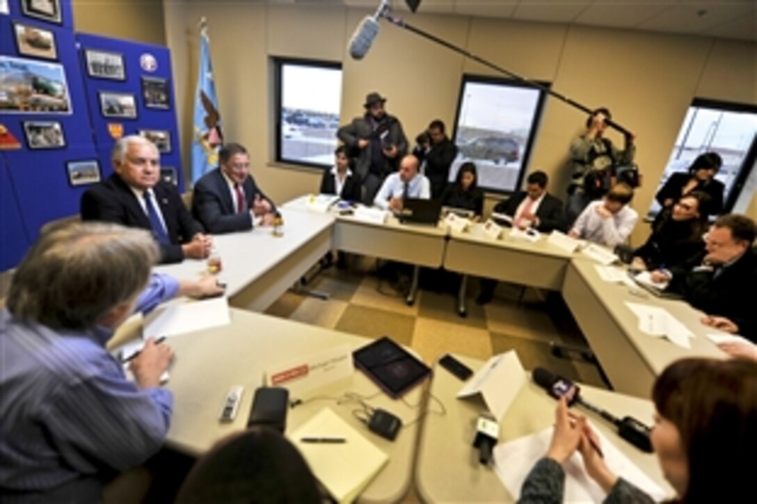 Defense Secretary Leon E. Panetta and U.S. Rep. Silvestre Reyes of Texas answer questions from the press during a visit to El Paso, Texas, Jan. 12, 2012.