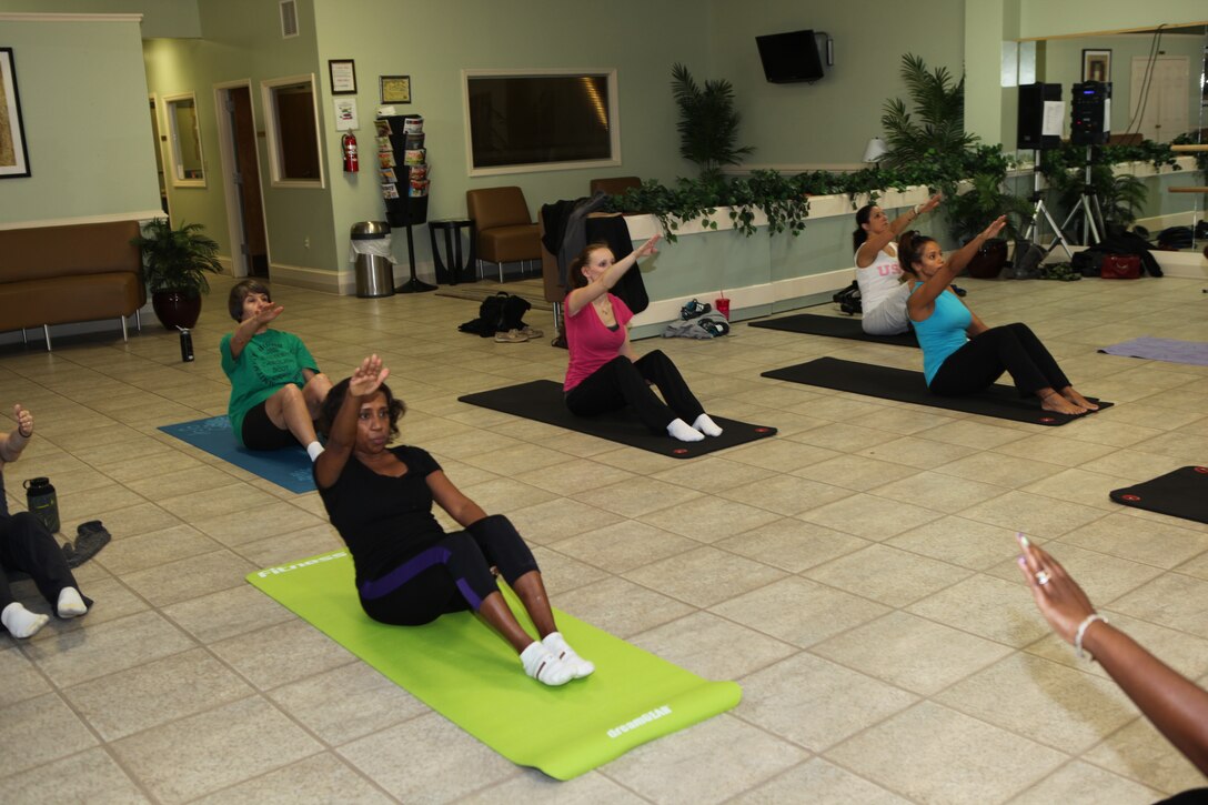 Participants of  Midway Parks Community Centers Ballet Pilates Fusion class  in Midway Park, a housing community of Marine Corps Base Camp Lejeune, Jan. 14. Participation in the class has grown by more than half since its initial week.