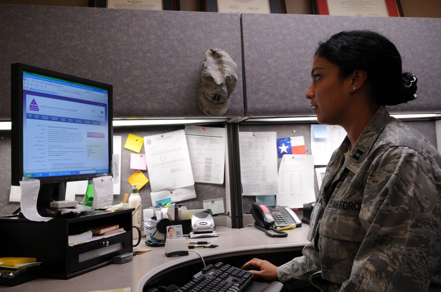 Capt. Sabera Sabhan, 2nd Medical Group mental health, researches suicide prevention to assist Airmen who may be struggling emotionally on Barksdale Air Force Base, La., Jan. 11. Sabhan is the officer in charge of mental health and lead psychologist. (U.S. Air Force photo/Airman 1st Class Andrew Moua)(RELEASED)