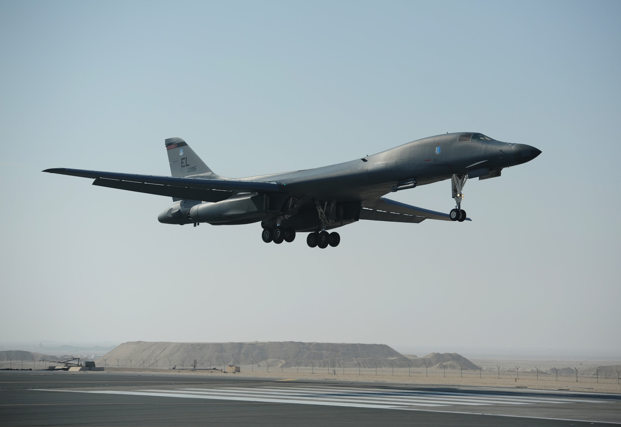 SOUTHWEST ASIA – A B-1B Lancer from the 34th Expeditionary Bomb Squadron lands here Jan. 13, 2012. The B-1B is a long-range, multi-role bomber that can be used for a variety of operational missions. (U.S. Air Force photo/Staff Sgt. Nathanael Callon)