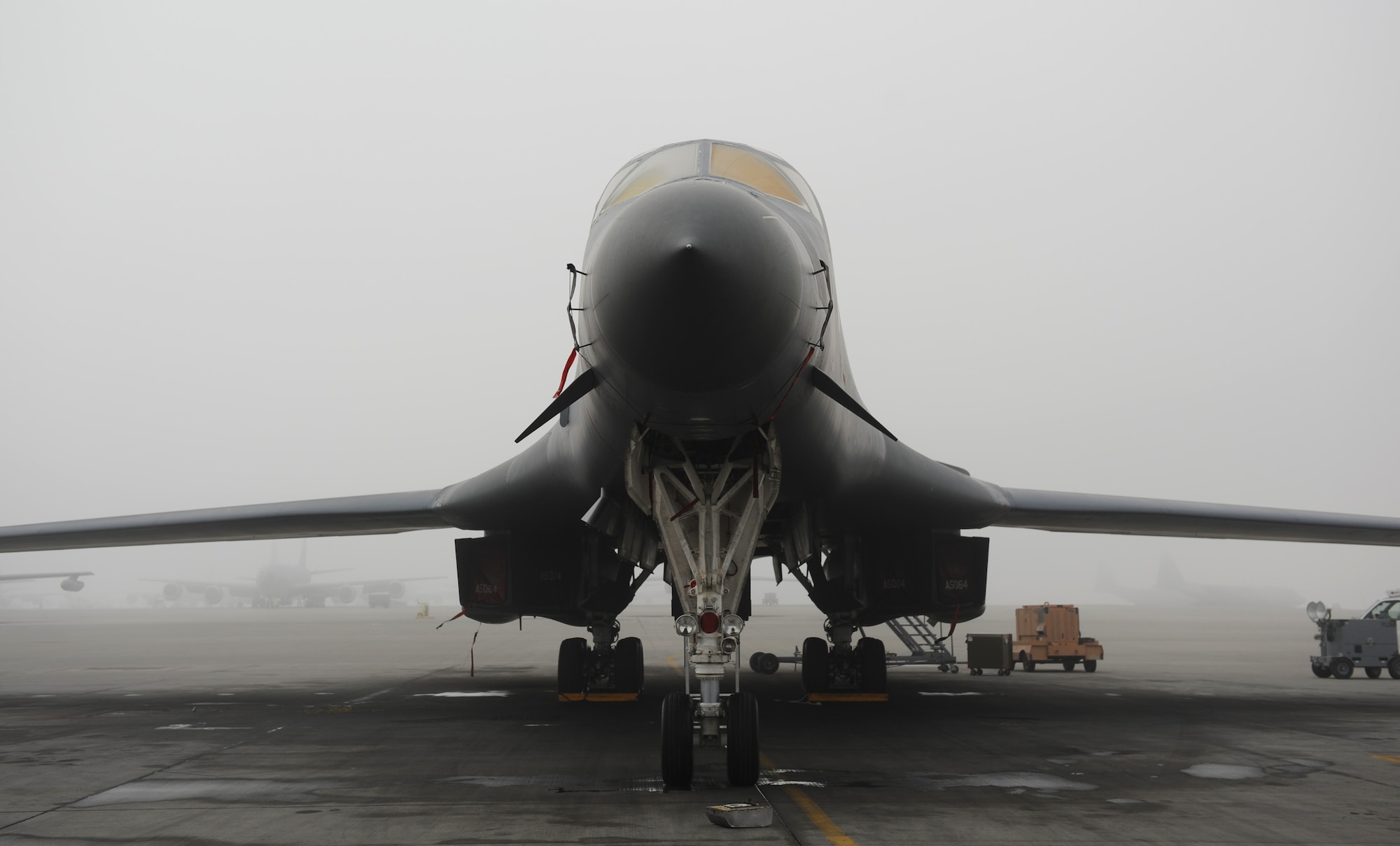 SOUTHWEST ASIA – A B-1B Lancer from the 34th Expeditionary Bomb Squadron sits in the fog on the flightline here Jan. 13, 2012. The B-1B is a long-range, multi-role bomber that can be used for a variety of operational missions. (U.S. Air Force photo/Staff Sgt. Nathanael Callon)