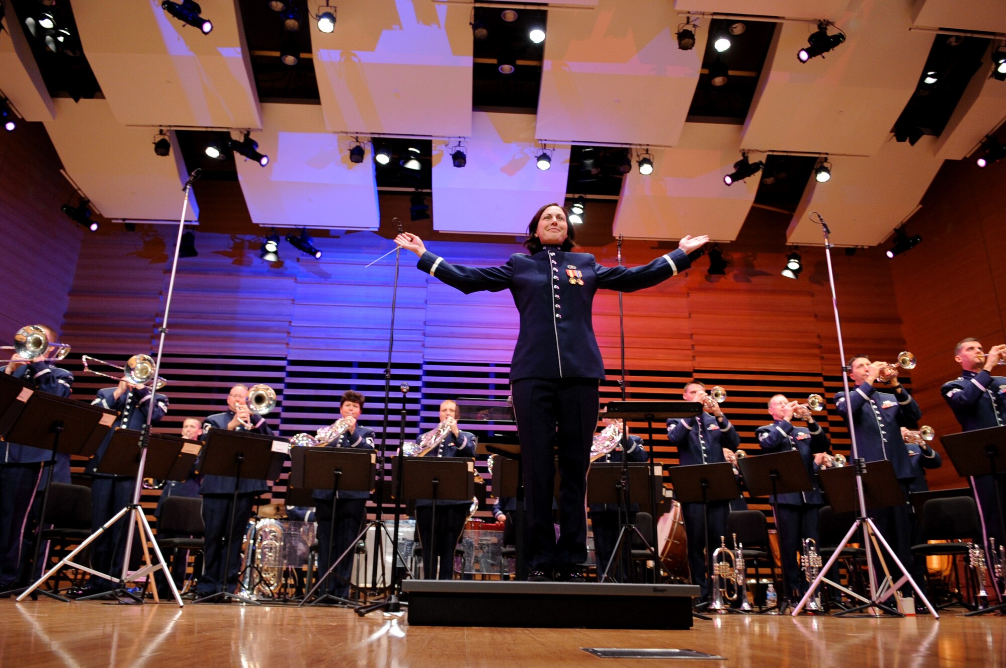 U.S. Air Force 2nd Lt. Shanti Nolan, conductor for the U.S. Air Force Band Ceremonial Brass and a native of Vero Beach, Fla., introduces the group during a concert at the University of South Florida Concert Hall in Tampa, Fla., Jan. 13, 2012.  The Ceremonial Brass is on their first American concert tour, playing at a dozen venues throughout Florida.  U.S. Air Force photo by Master Sgt. Adam M. Stump/Released.