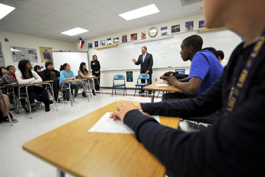 Defense Secretary Leon E. Panetta teaches a history class at John L. Chapin High School in El Paso, Texas, Jan. 13, 2012. Students of Kristina Mills’ 11th grade U.S. history class were treated to a candid discussion about national security and foreign threats. Panetta also took the opportunity to thanks students from military families based on nearby Fort Bliss for their sacrifices.