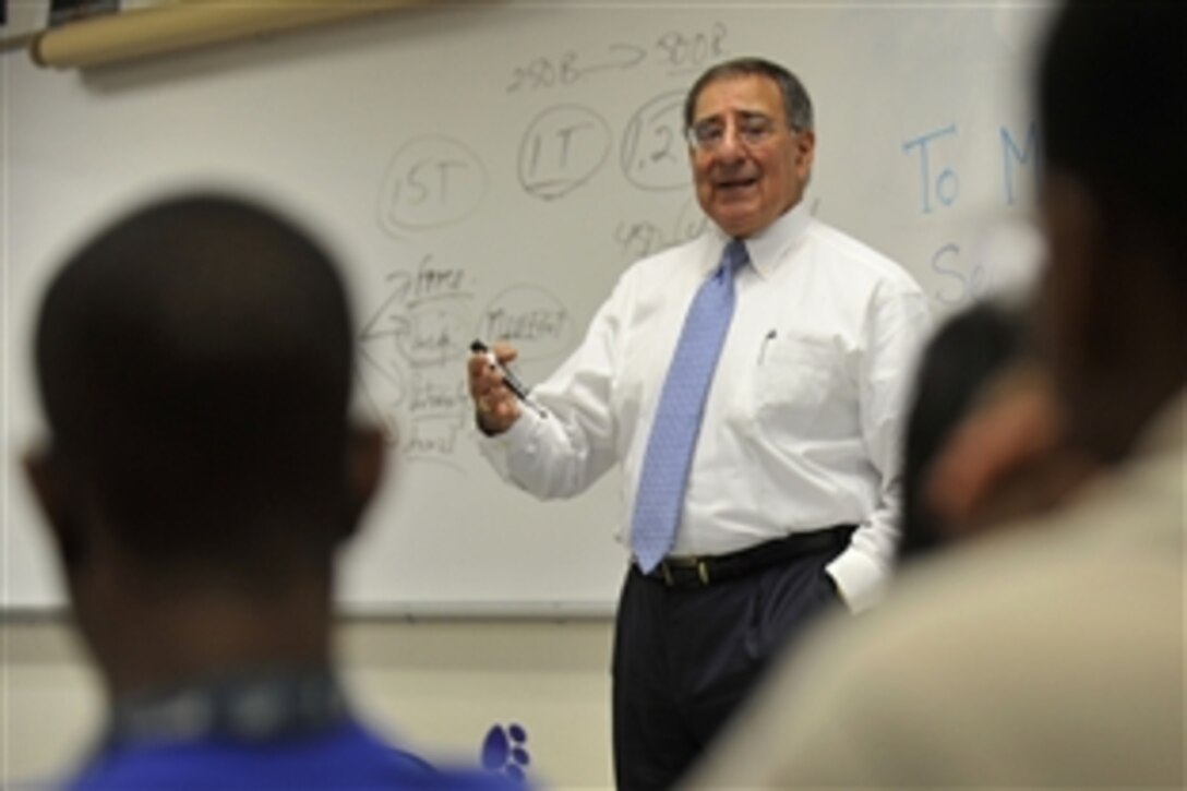 Defense Secretary Leon E. Panetta teaches a history class at John L. Chapin High School in El Paso, Texas, Jan. 13, 2012. Students of Kristina Mills’ 11th grade U.S. history class were treated to a candid discussion about national security and foreign threats. Panetta also took the opportunity to thanks students from military families based on nearby Fort Bliss for their sacrifices. 
