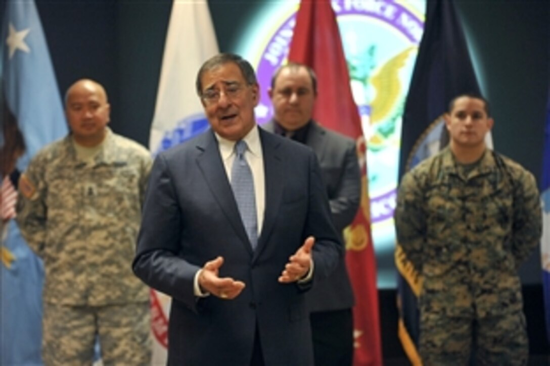 Defense Secretary Leon E. Panetta speaks with troops and civilian workers while visiting Joint Task Force North on Fort Bliss, near El Paso, Texas, Jan. 13, 2012. 