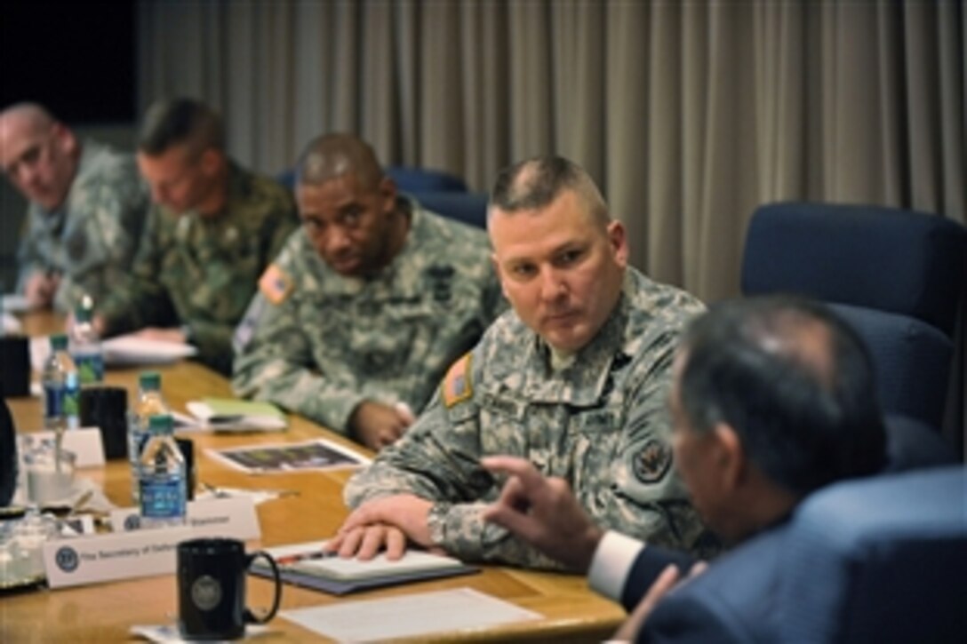 Defense Secretary Leon E. Panetta meets with senior officers of Joint Task Force North on Fort Bliss, near El Paso, Texas, Jan.13, 2012.