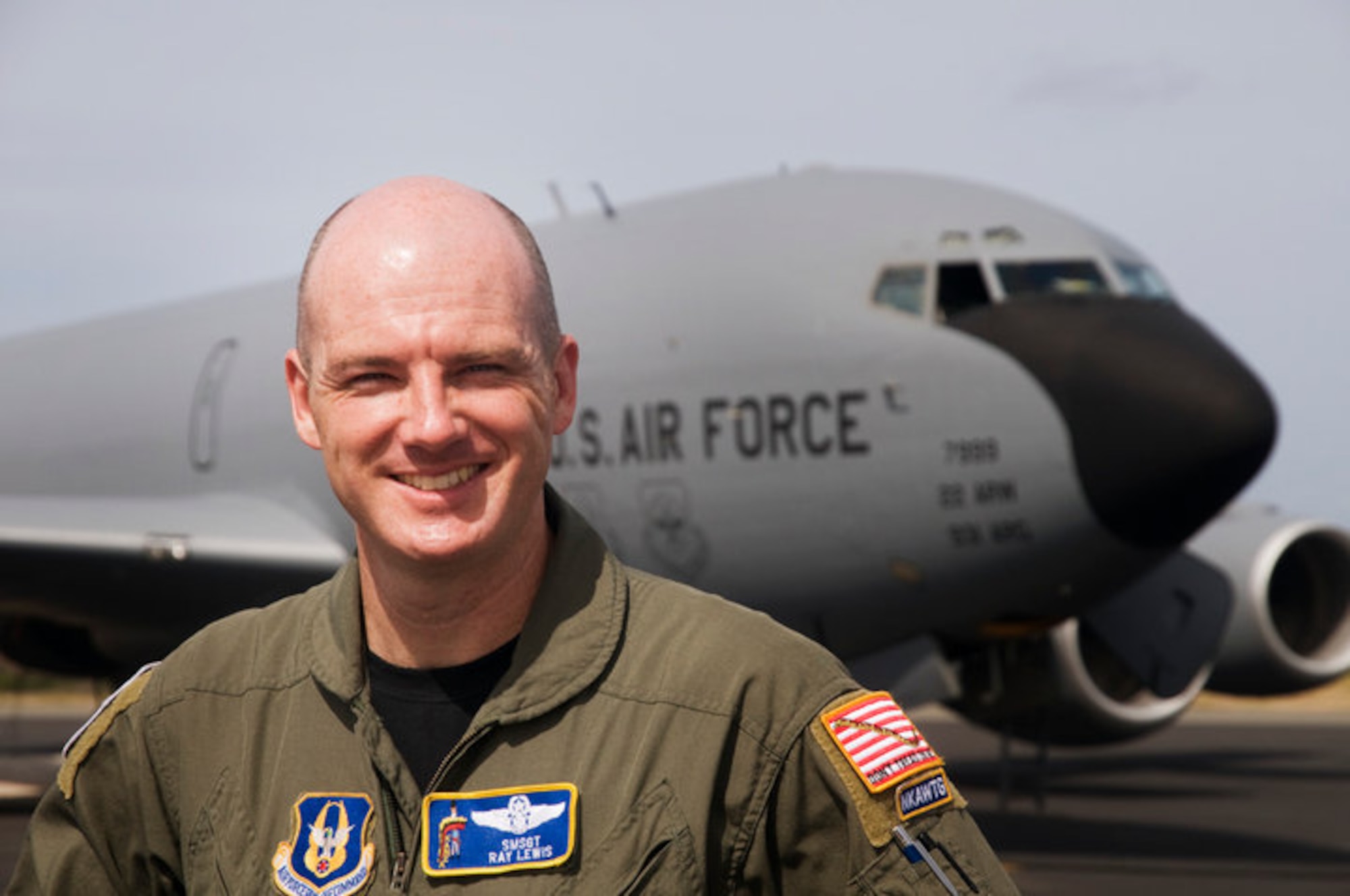 Senior Master Sgt. Ray Lewis, a refueling boom operator assigned to the 18th Air Refueling Squadron, 931st Air Refueling Group, McConnell Air Force Base, Kan., poses in front of his favorite aircraft, the KC-135 Stratotanker.  Lewis has been a boom operator on the KC-135 for more than twenty years.  (Photo courtesy of Ray Lewis)