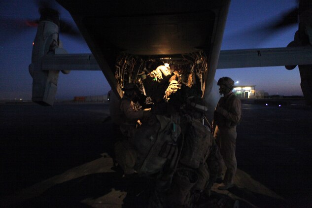 Marines with 1st Battalion, 8th Marines Regiment load into an MV-22B Osprey at Camp Bastion, Afghanistan, Jan. 17. This was the last mission flown during Marine Medium Tiltrotor Squadron 162’s six month deployment in Helmand province, Afghanistan.