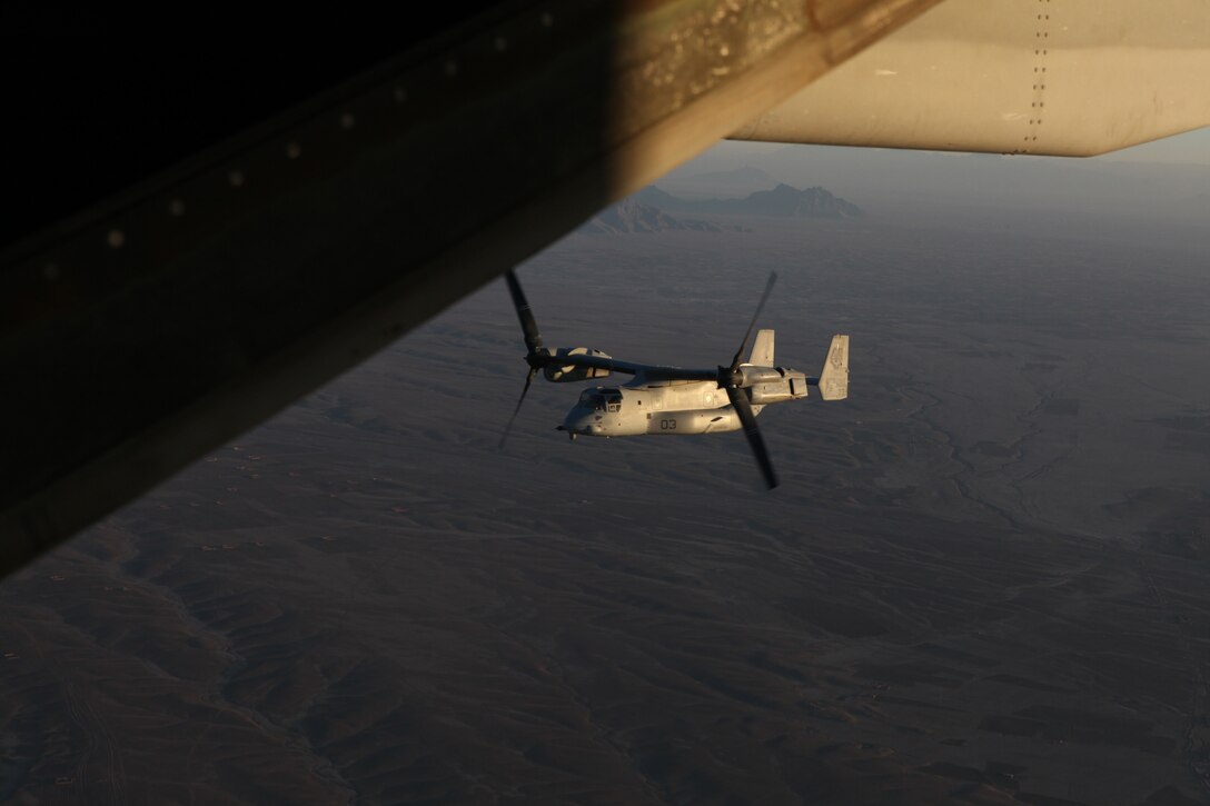 A Marine Corps MV-22B Osprey flies in the sky above Helmand province, Afghanistan, Jan. 17. This was the last mission flown during Marine Medium Tiltrotor Squadron 162’s six-month deployment in Helmand province, Afghanistan.