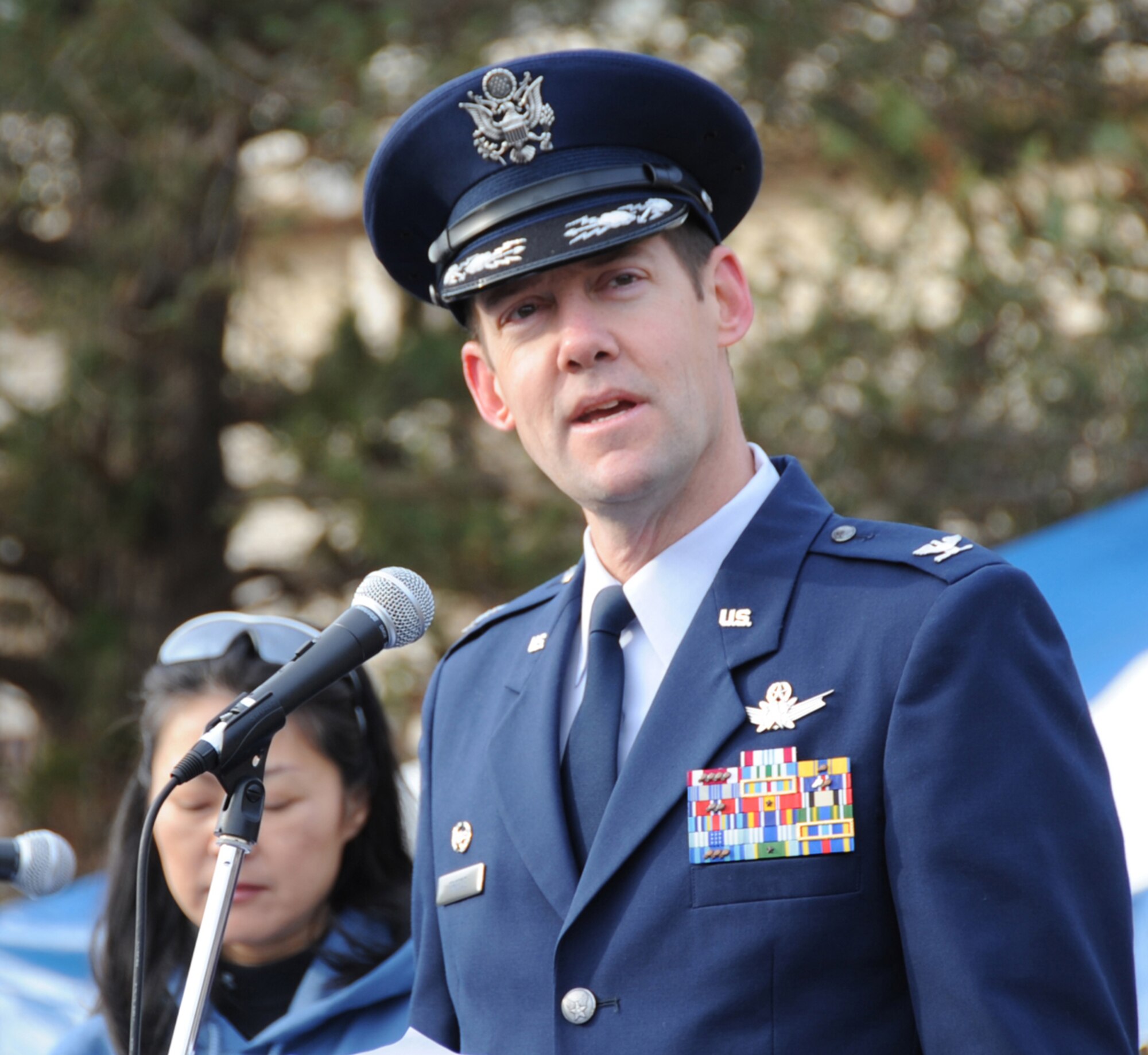 YOKOTA AIR BASE, Japan -- Col. Todd Freece, 374th Mission Support Group commander, delivers opening remarks before the start of the 31st Annual Frostbite Run held at Yokota Air Base, Japan, Jan. 15, 2012. More than 10,000 runners participated in the event. (U.S. Air Force photo/Naoko Kurokui)