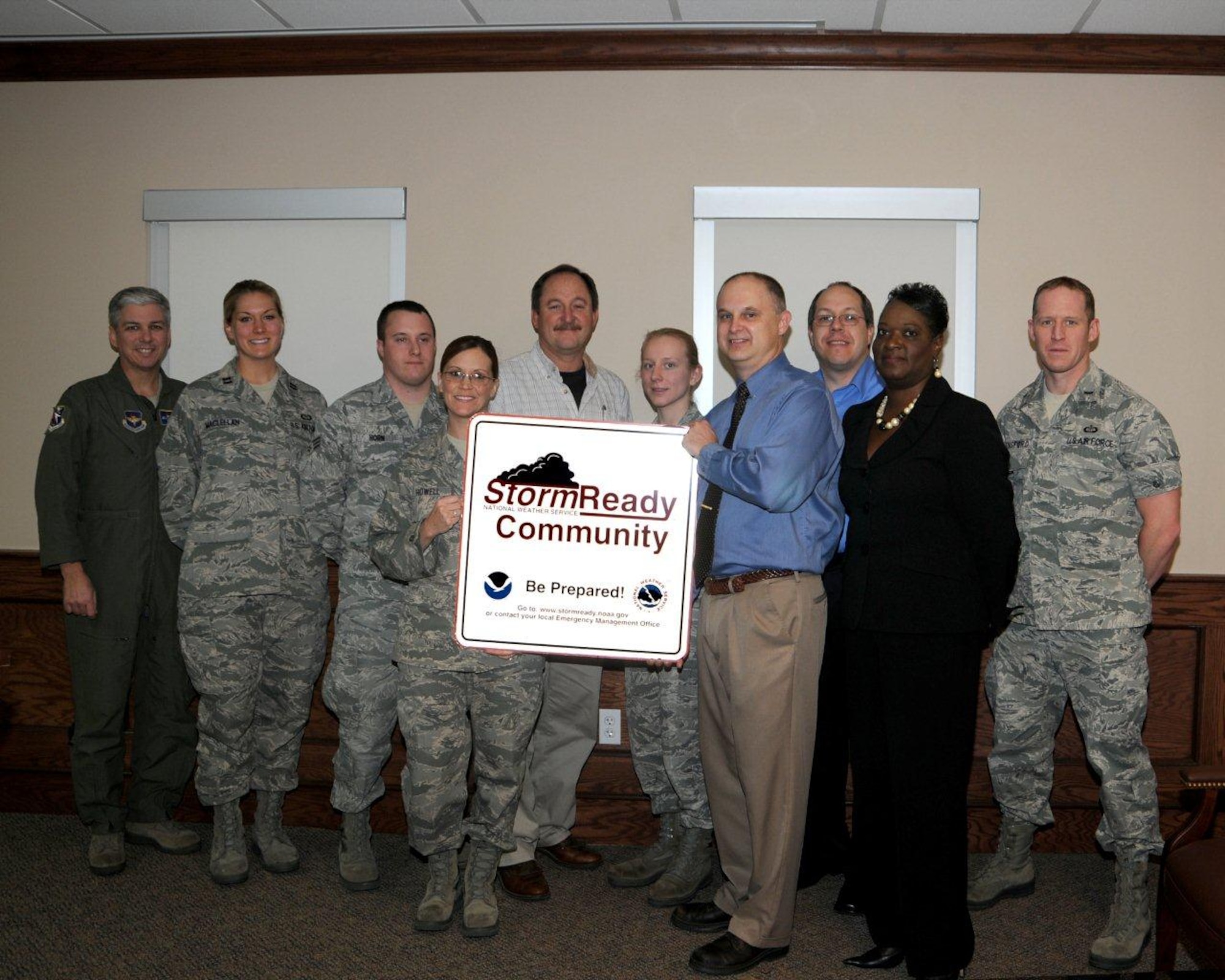 National Weather Service meteorologists from Jackson traveled to Columbus AFB to award Storm Ready certification to the base. Base leaders were joined by Cindy Lawrence, Lowndes County Emergency Management Director and members of the base Emergency Management and weather flights were on hand to receive the certification. (U.S. Air Force Photo/Mary Crump)