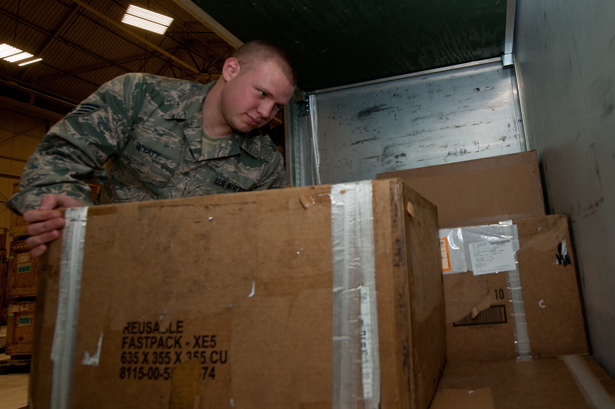 Staff Sgt. Cody Wyatt, 28th Logistics Readiness Squadron Mobility Readiness Spares Package and aircraft parts store supervisor, packs an MRSP with B-1 parts on Ellsworth Air Force Base, S.D., Jan. 10, 2012. The shop has several MRSPs with a variety of B-1 parts for maintenance on the aircraft in preparation for real world contingencies. (U.S. Air Force photo by Airman 1st Class Kate Thornton/Released)