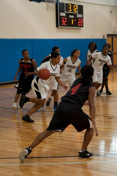 Stacy Williams, lady Flying Tigers shooting guard, starts a fast break down the court after rebounding a missed shot at Moody Air Force Base, Ga., Jan. 14, 2012. Moody’s lady Flying Tigers varsity basketball team defeated Warner Robins with a final score of 75-66. (U.S. Air Force photo by Staff Sgt. Melissa K. Mekpongsatorn/Released)