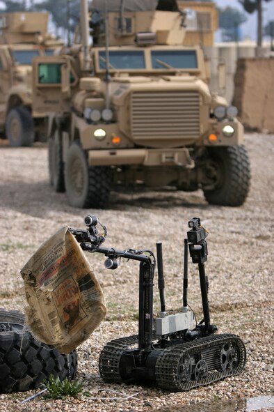 An explosive ordnance disposal remote-controlled robot is used during a training mission to demonstrate its ability to approach, inspect and handle possible improvised explosive
devices. These robots were used extensively to defeat IEDs in the documentary series "Bomb Patrol Afghanistan" featuring a Navy EOD platoon in Afghanistan. (U.S. Navy photo/Mass Communication Specialist 2nd Class Jason Johnston)
